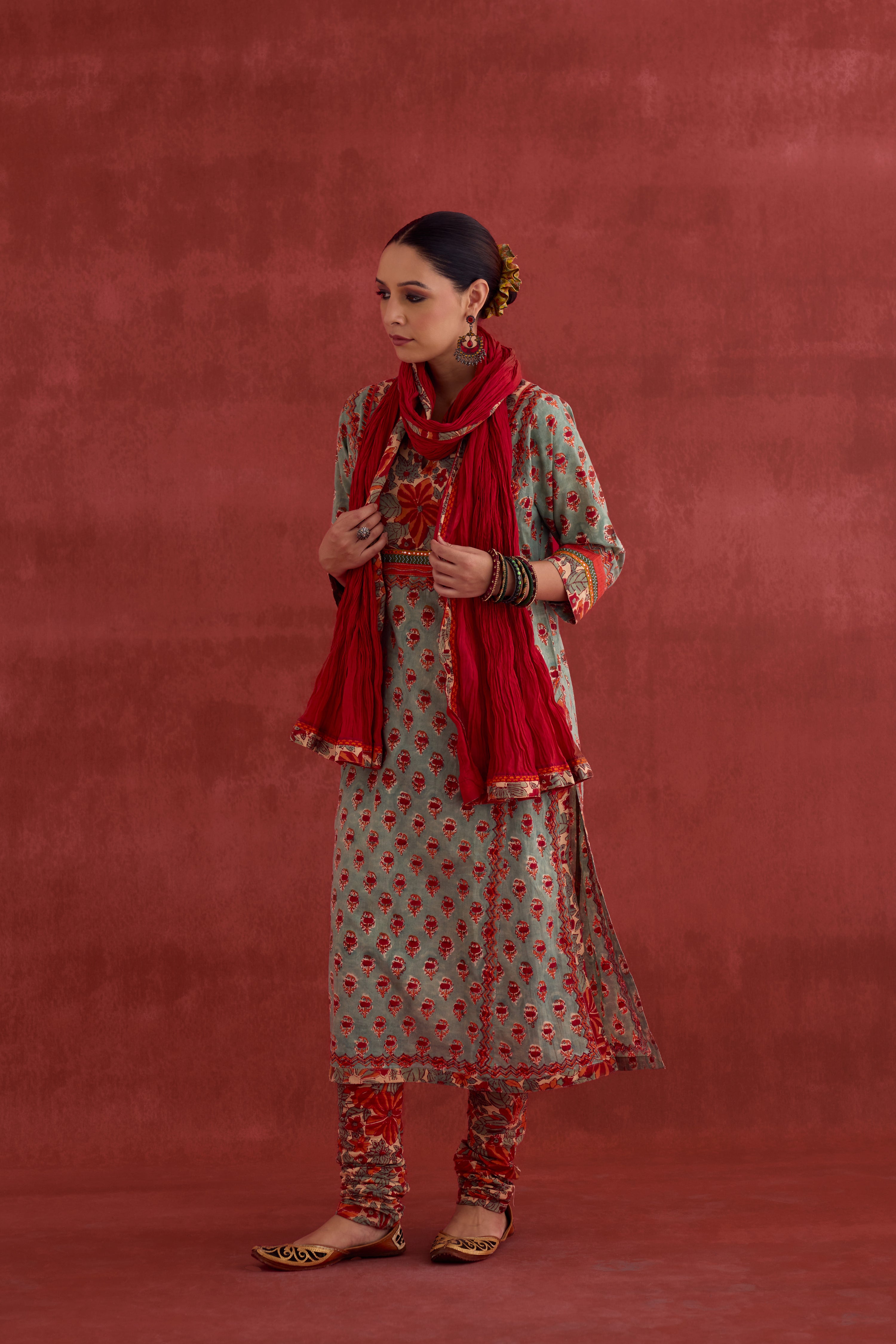 Rozana Hand Embroidered Cotton Block Printed Kurta Light Turquoise Red (10040346411307)