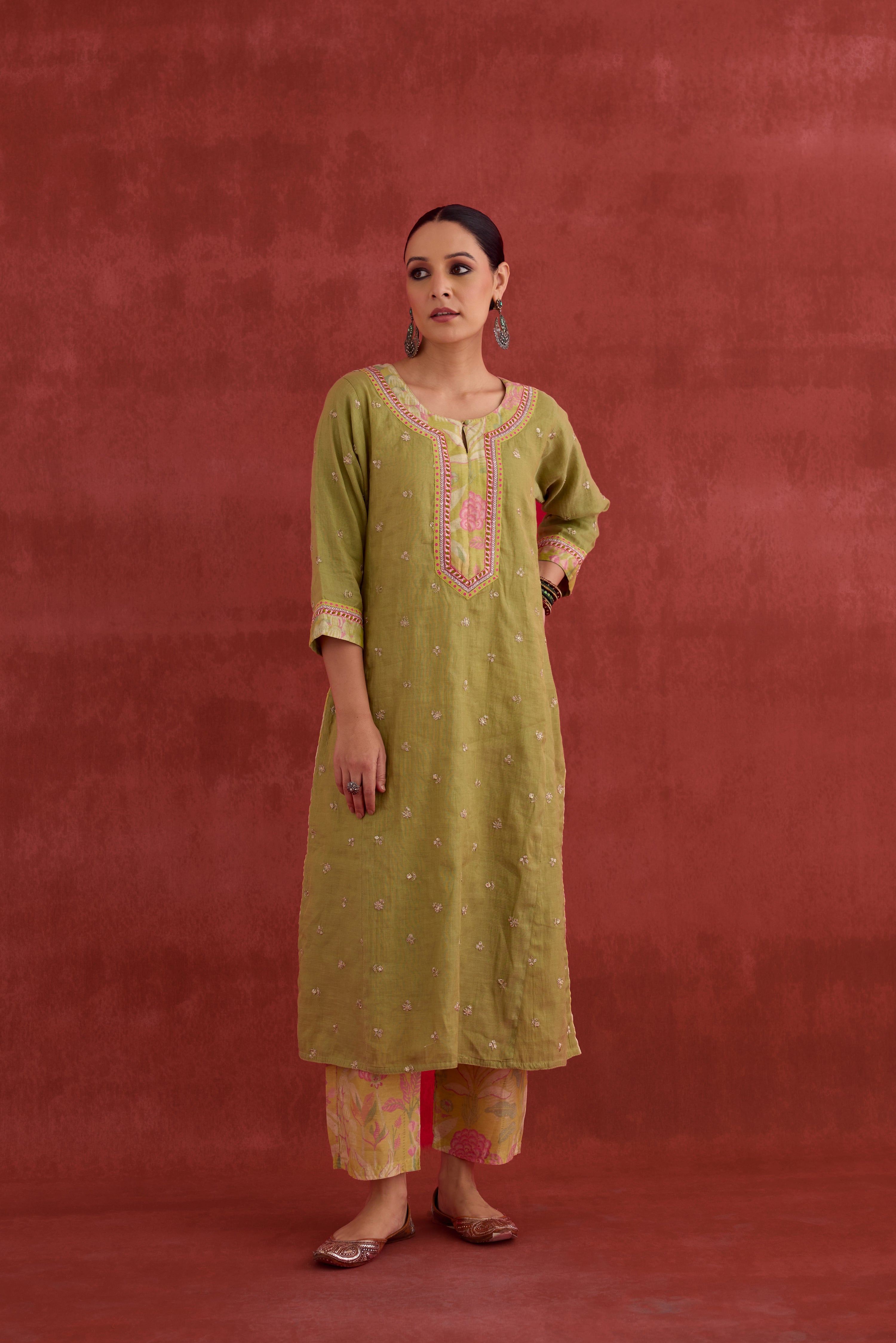 Rozana Embroidered Mul Chanderi Kurta Pista Green (10049040679211)