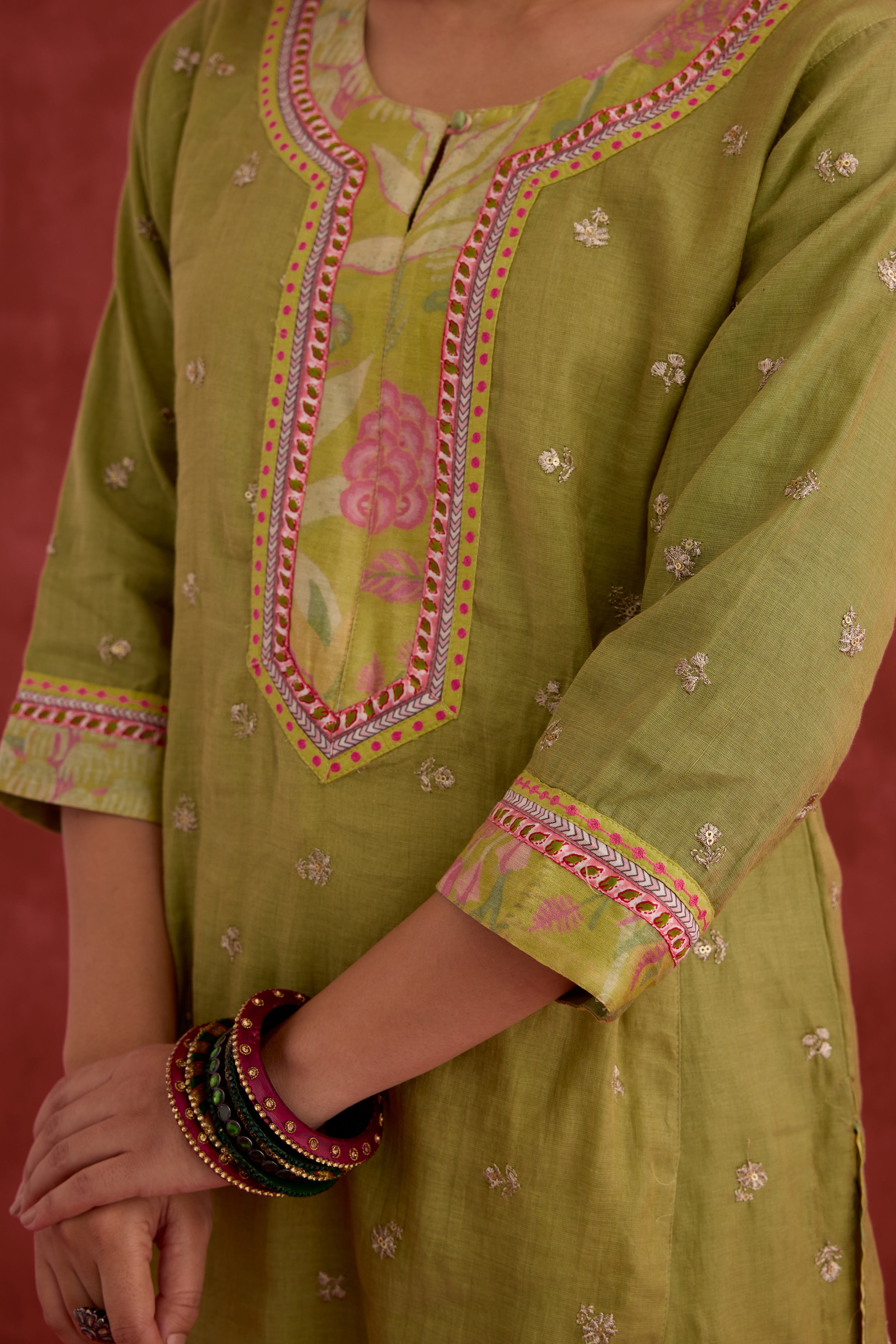 Rozana Embroidered Mul Chanderi Kurta Pista Green (10049040679211)