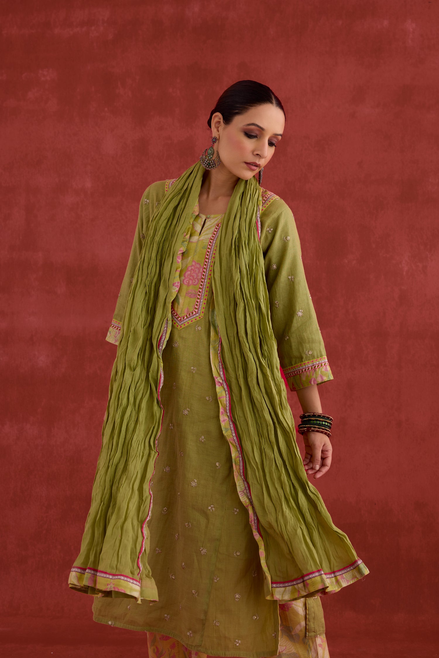 Rozana Embroidered Mul Chanderi Kurta Pista Green (10049040679211)