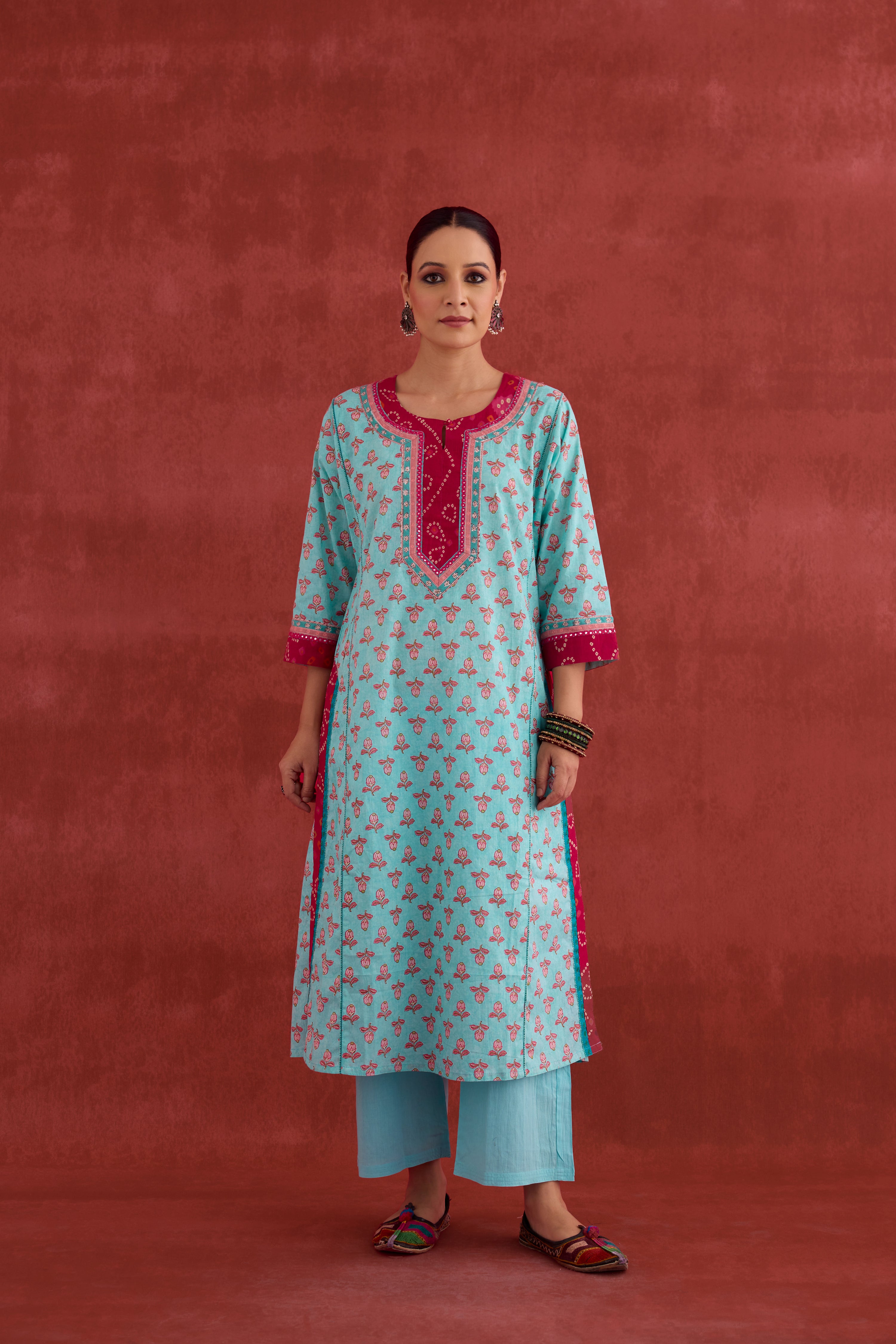 Rozana Cotton Printed Kurta Aqua Pink (10039564894507)