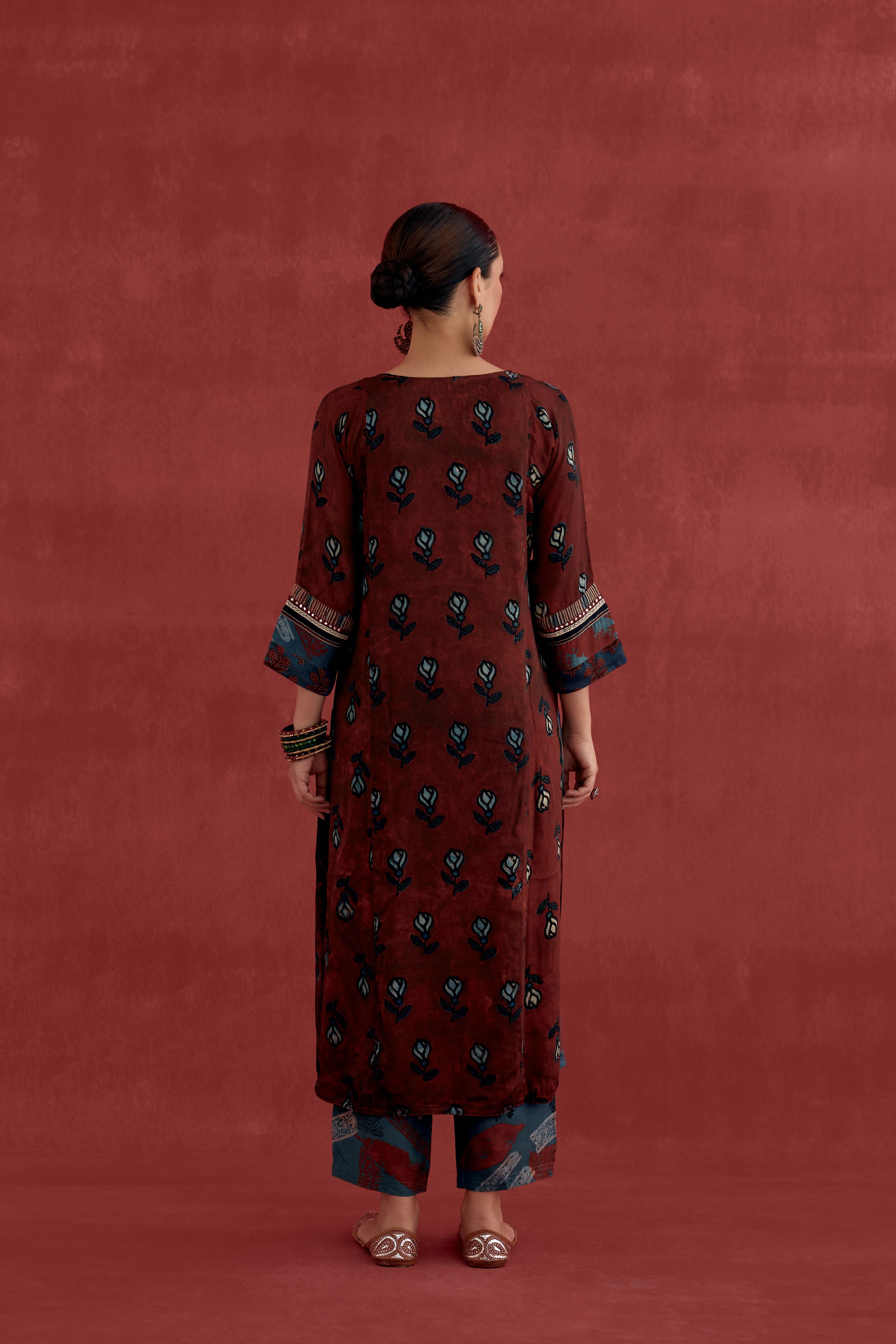 Rozana Modal Silk Block Printed Kurta Maroon Black (10049131610411)