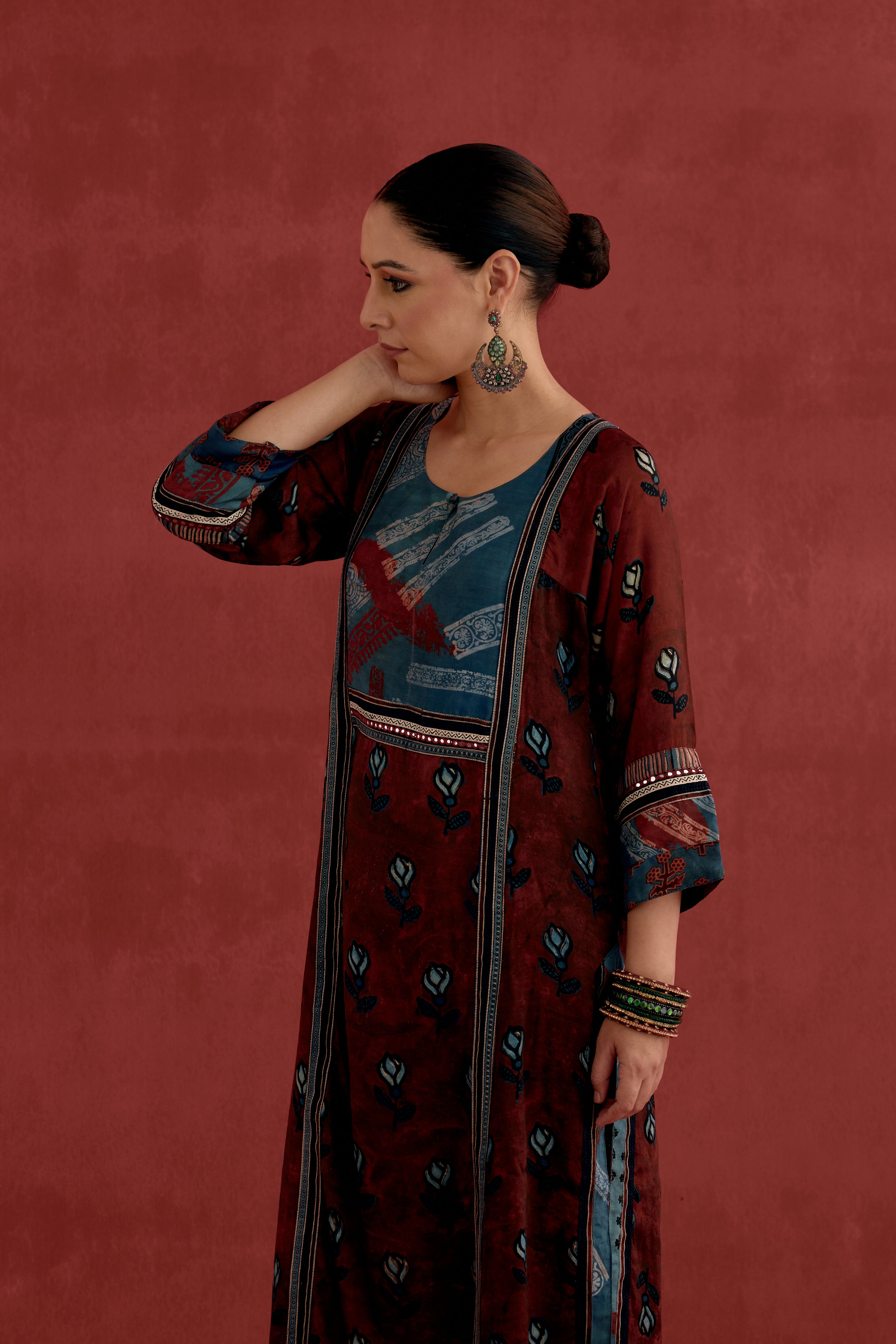 Rozana Modal Silk Block Printed Kurta Maroon Black (10049131610411)