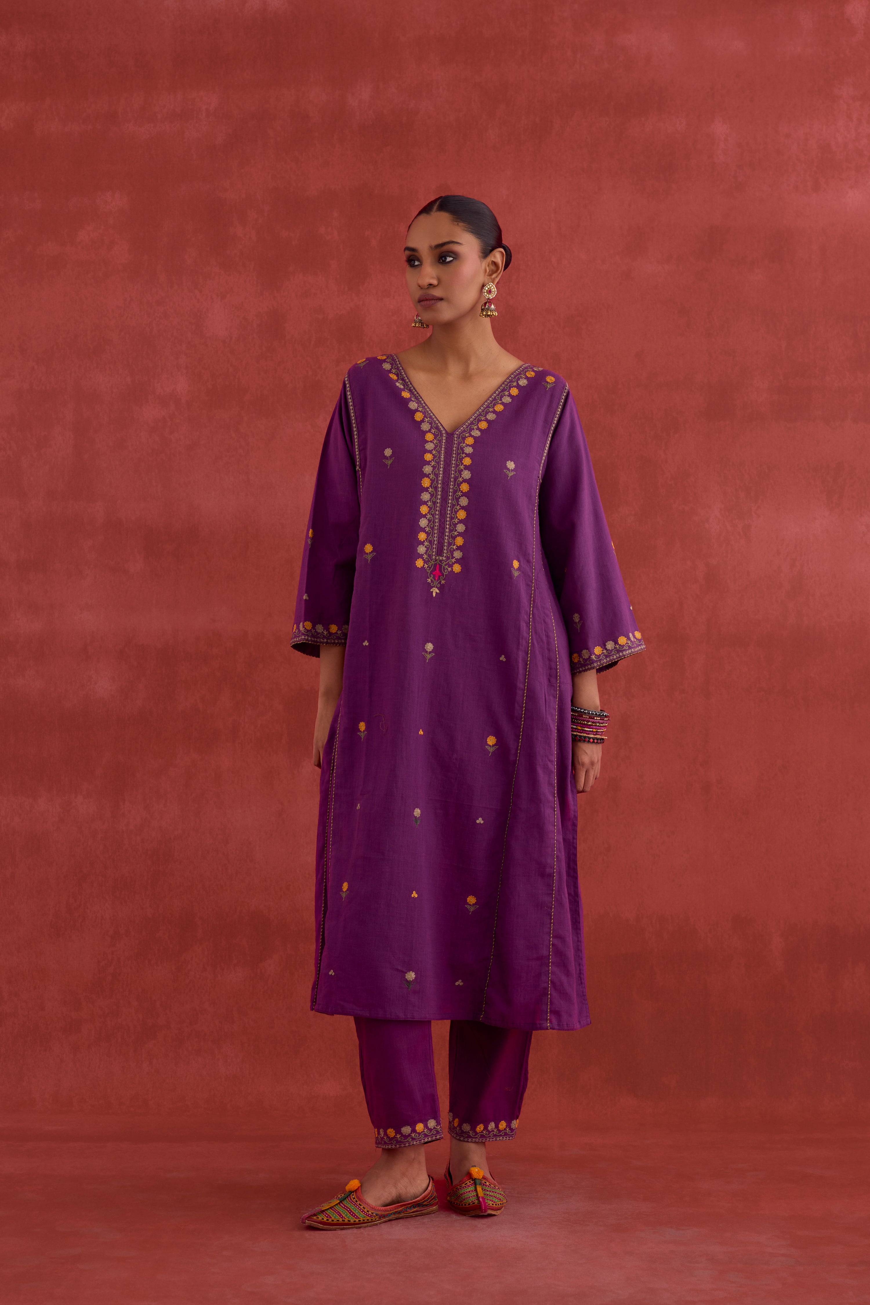 Ramya Embroidered Cotton Slub Kurta Mauve (10039821566251)