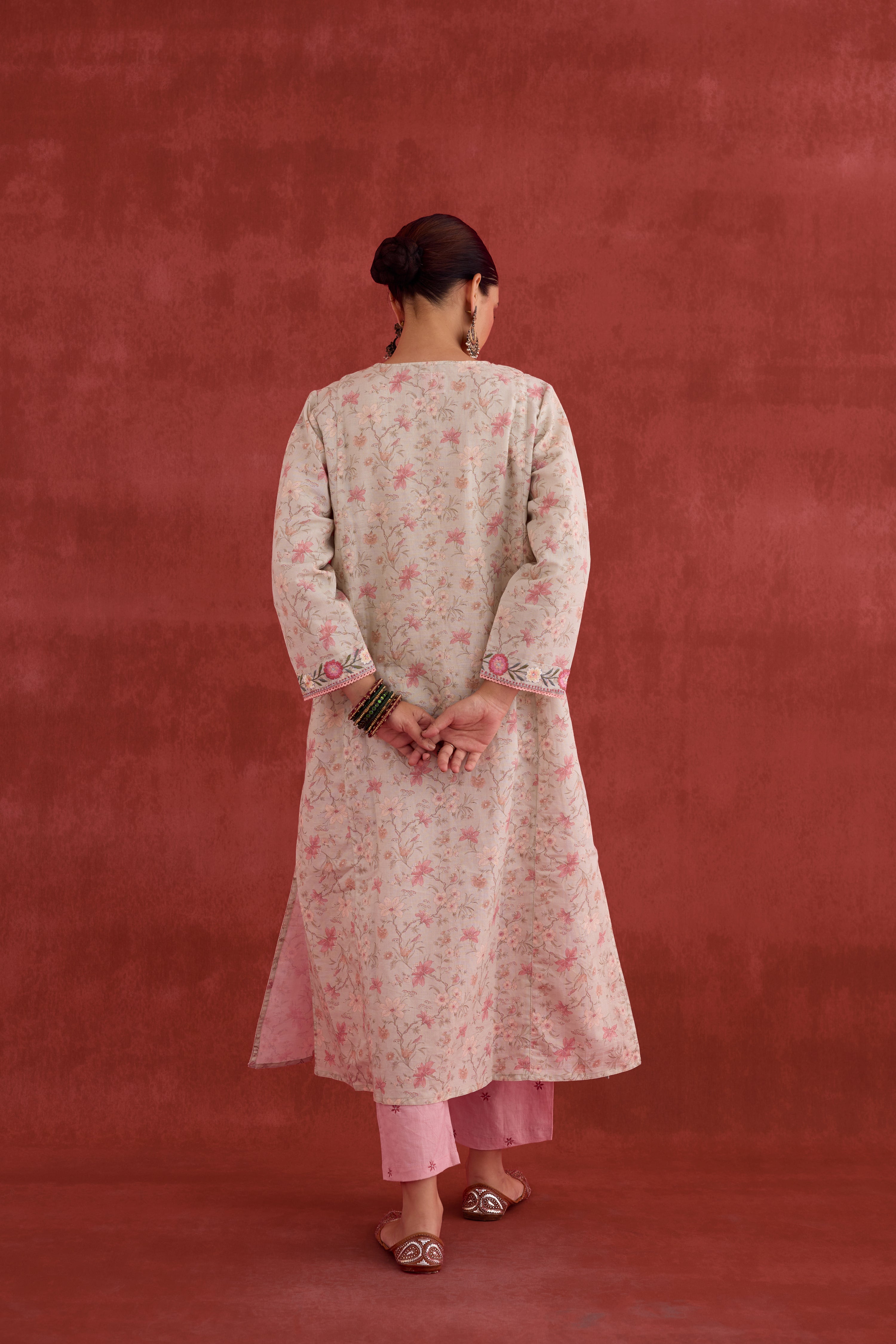 Elena Embroidered Linen Printed Kurta Powder Green Pink (10039790731563)