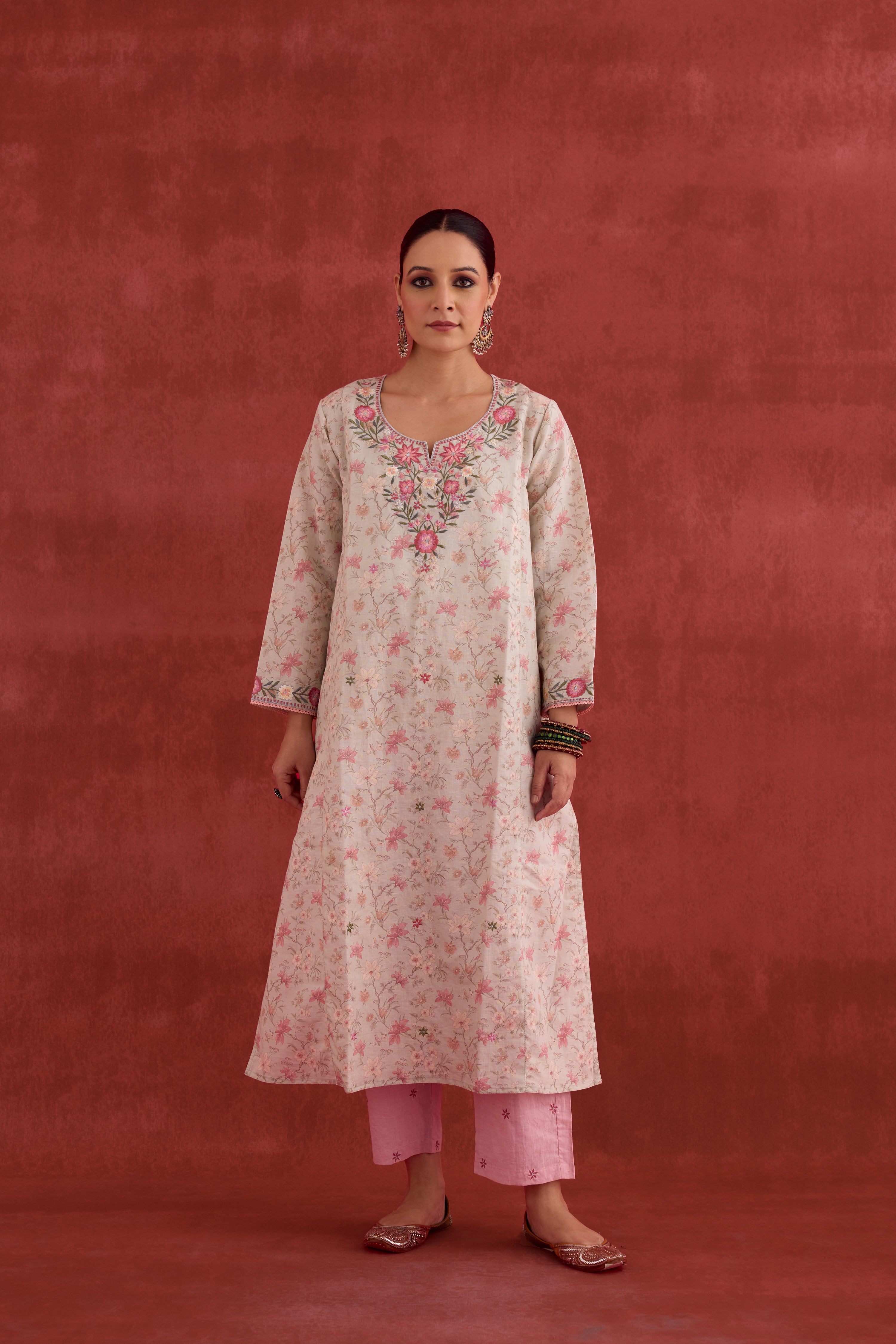 Elena Embroidered Linen Printed Kurta Powder Green Pink (10039790731563)