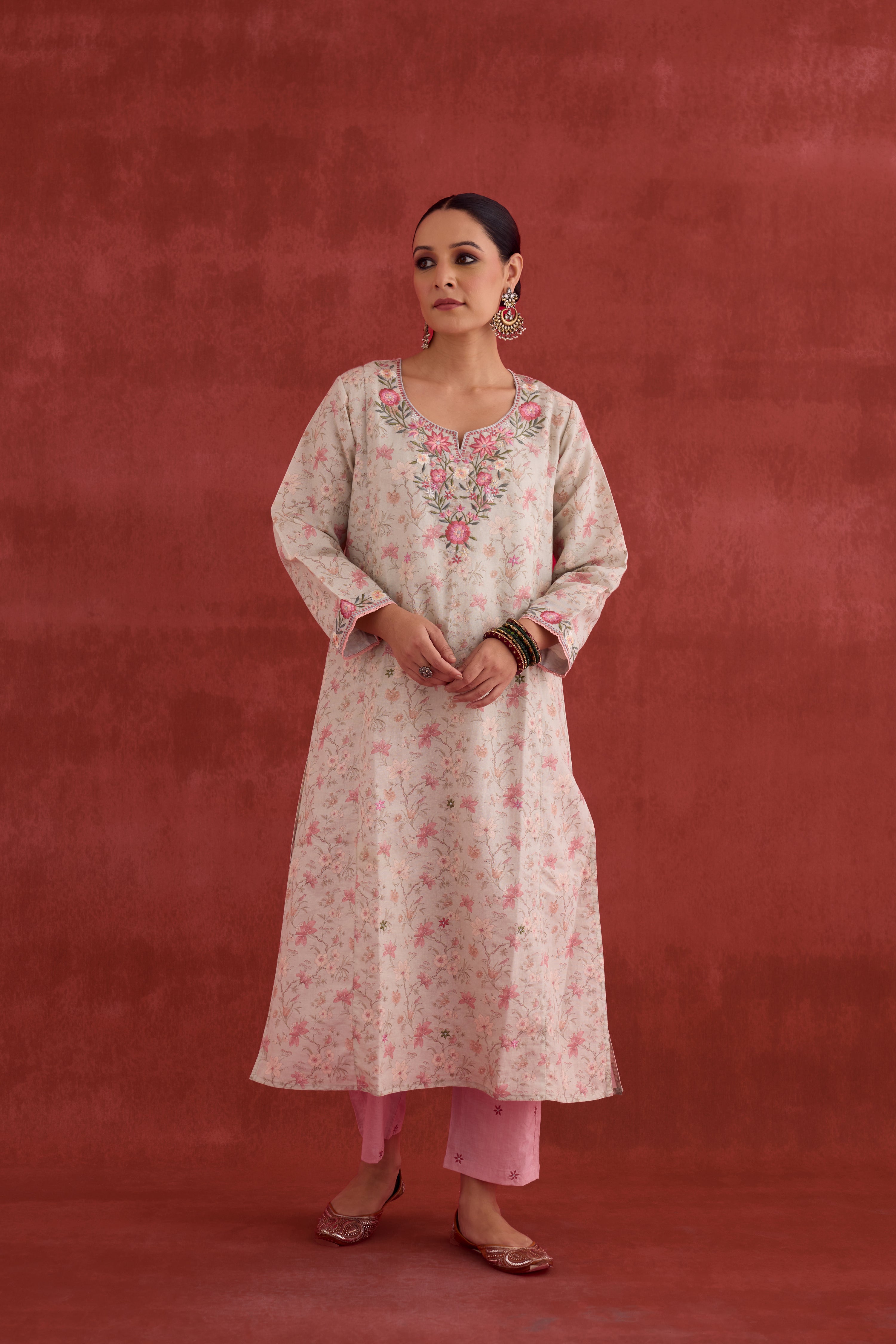 Elena Embroidered Linen Printed Kurta Powder Green Pink (10039790731563)