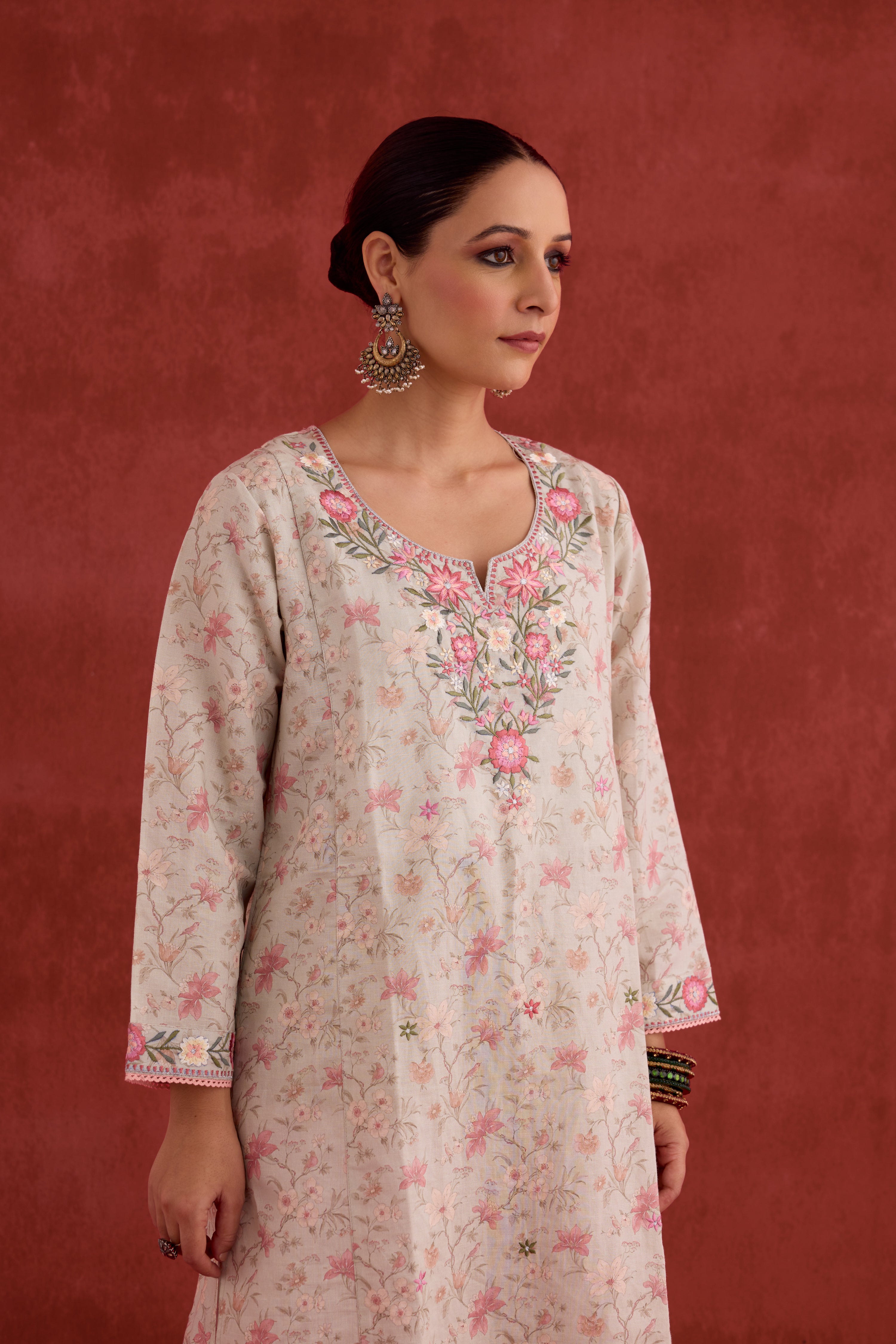 Elena Embroidered Linen Printed Kurta Powder Green Pink (10039790731563)