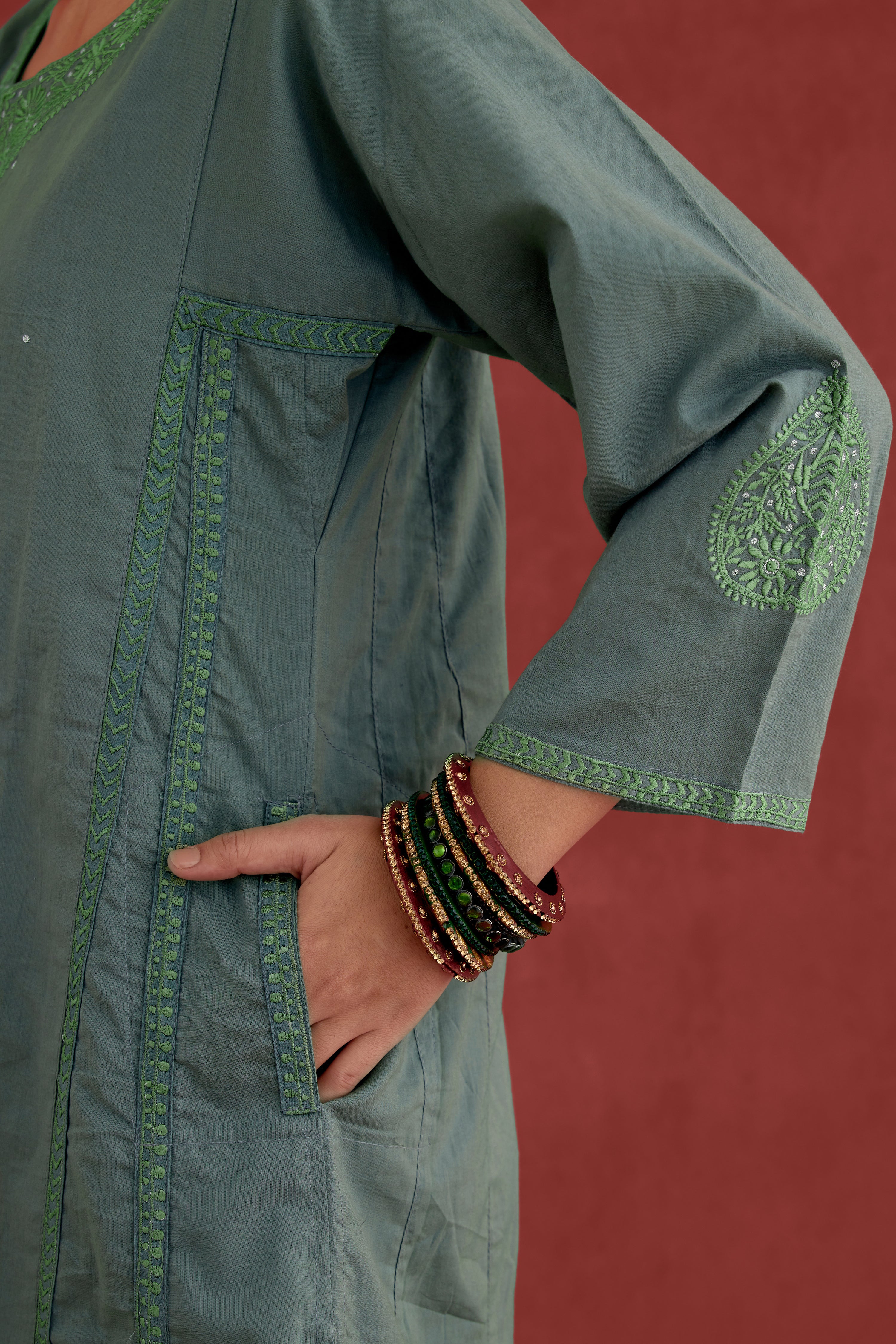 Tulsi Embroidered Cotton Kurta Dull Green (10049199898923)