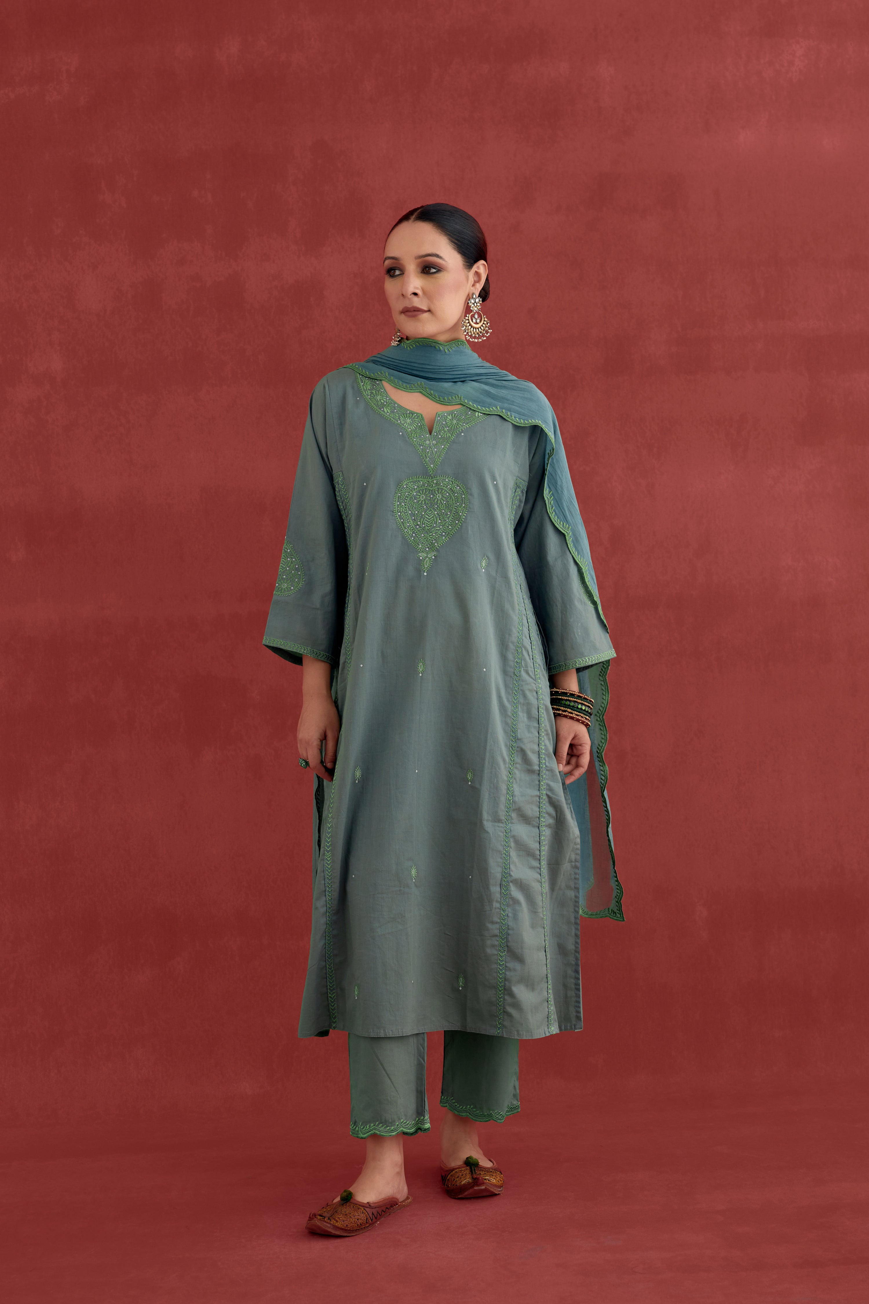 Tulsi Embroidered Cotton Kurta Dull Green (10049199898923)