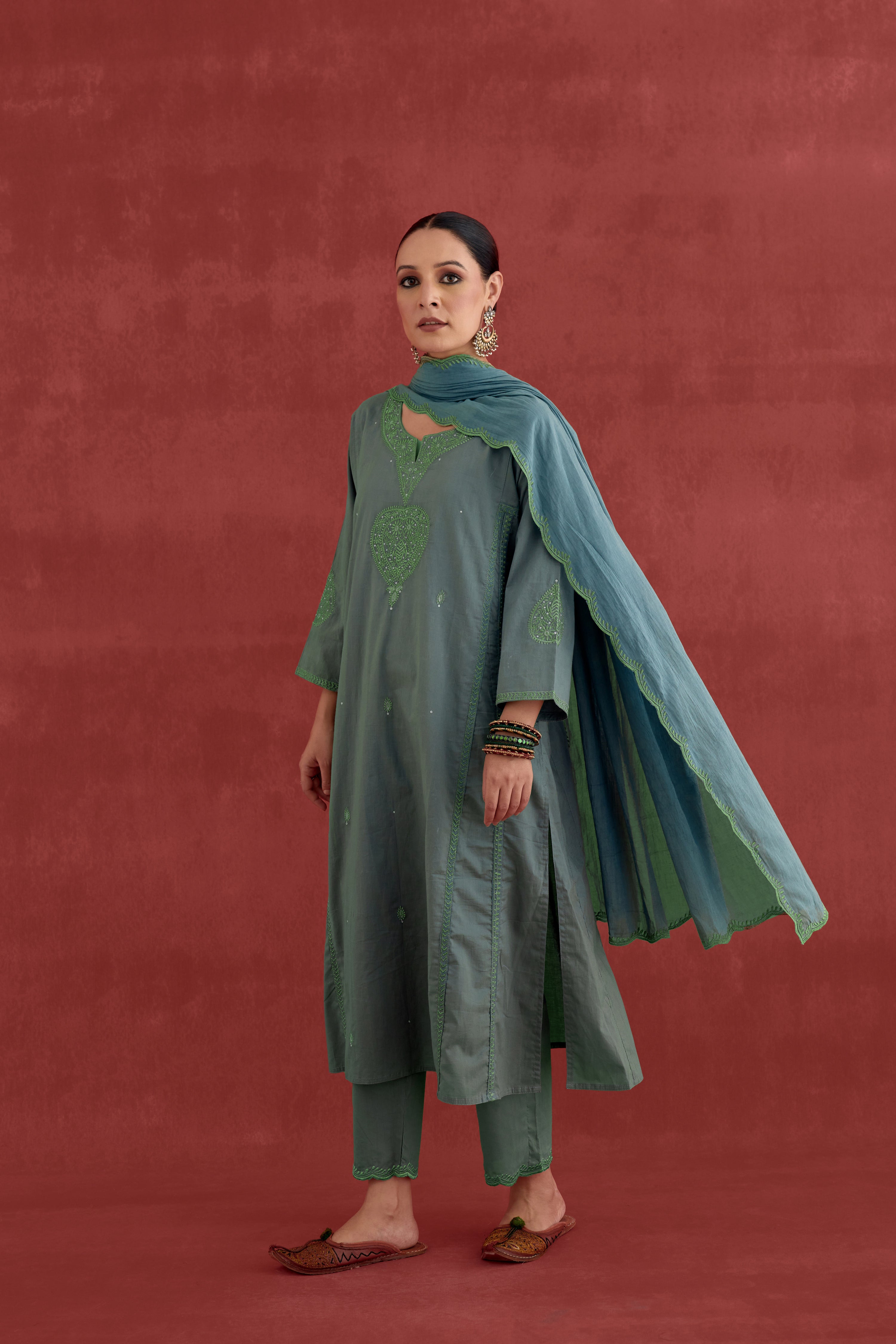 Tulsi Embroidered Cotton Kurta Dull Green (10049199898923)