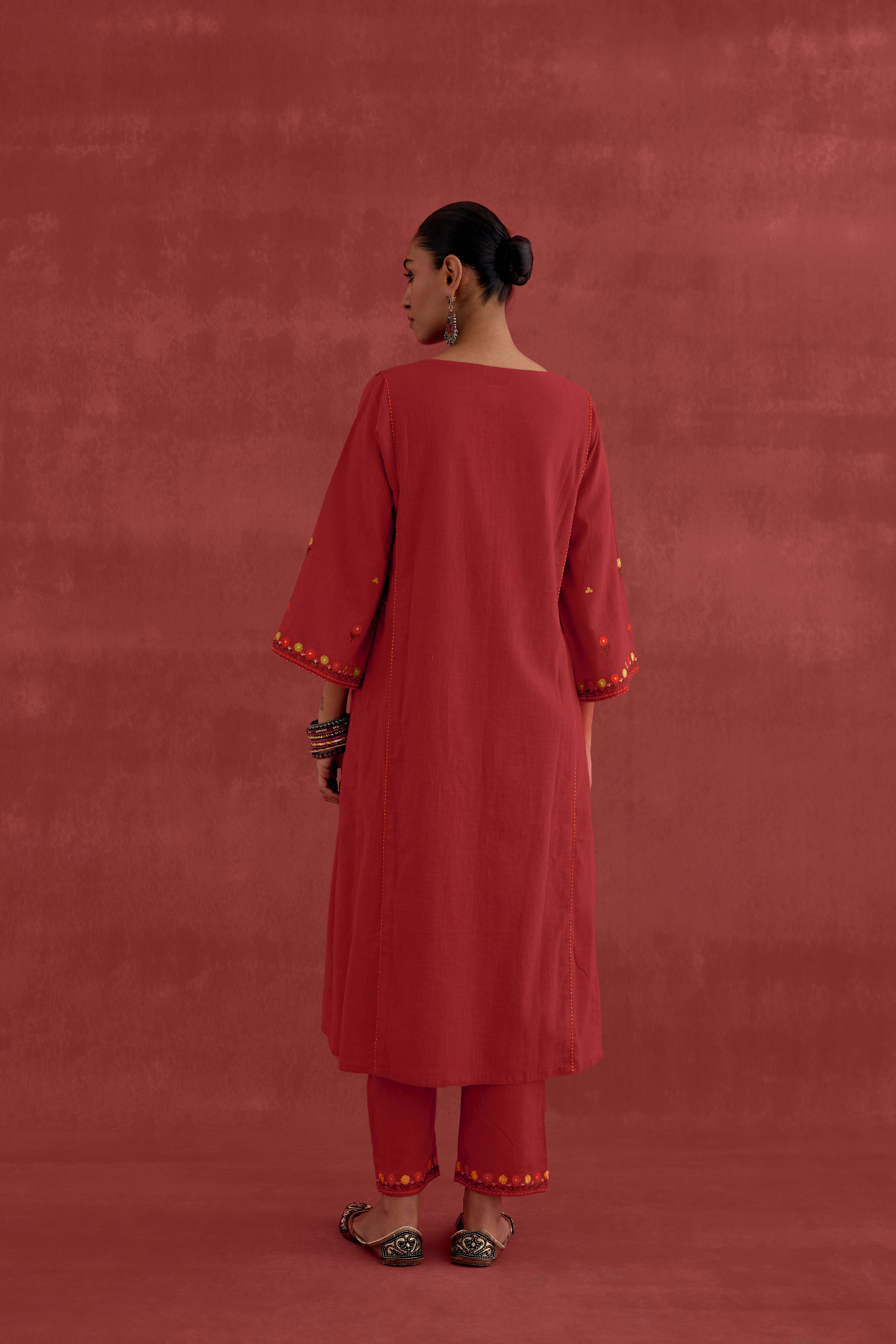 Ramya Embroidered Cotton Slub Kurta Red (10049206944043)