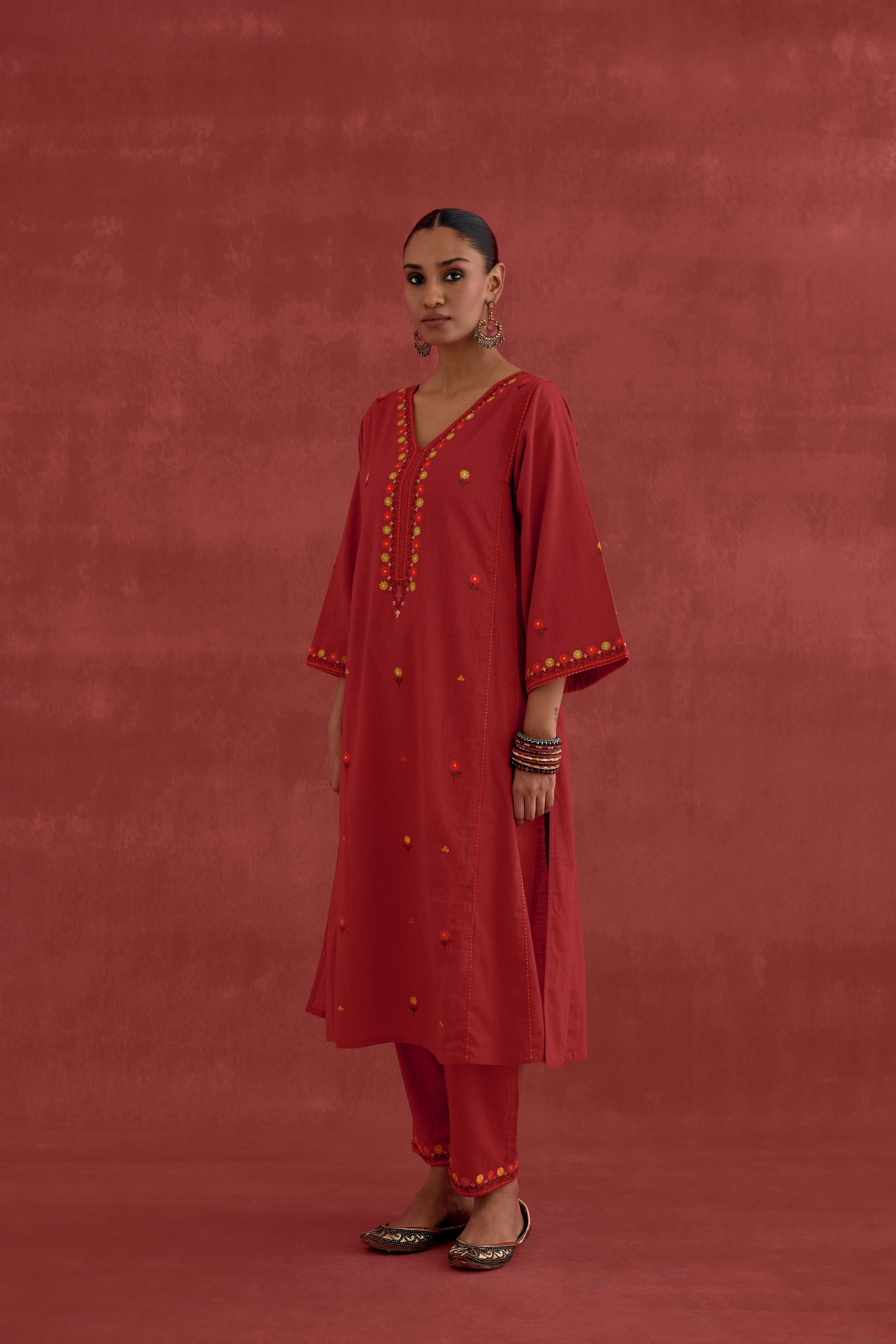 Ramya Embroidered Cotton Slub Kurta Red (10049206944043)