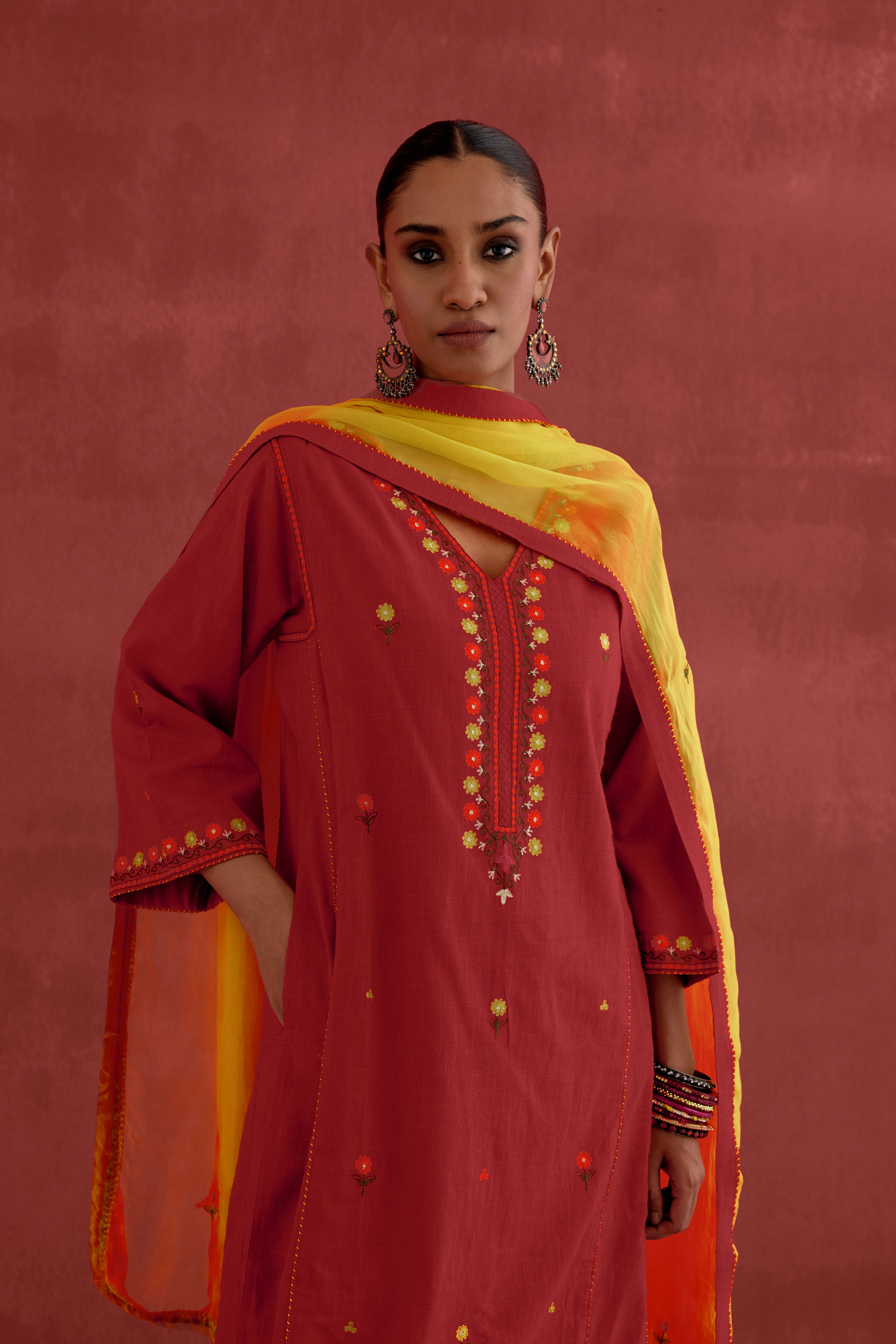 Ramya Embroidered Cotton Slub Kurta Red (10049206944043)