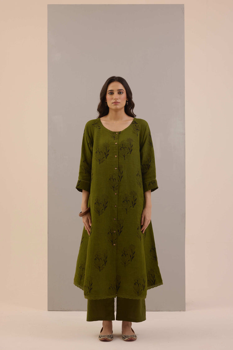 Flo Linen Hand Block Printed Co-ord Set Olive Green