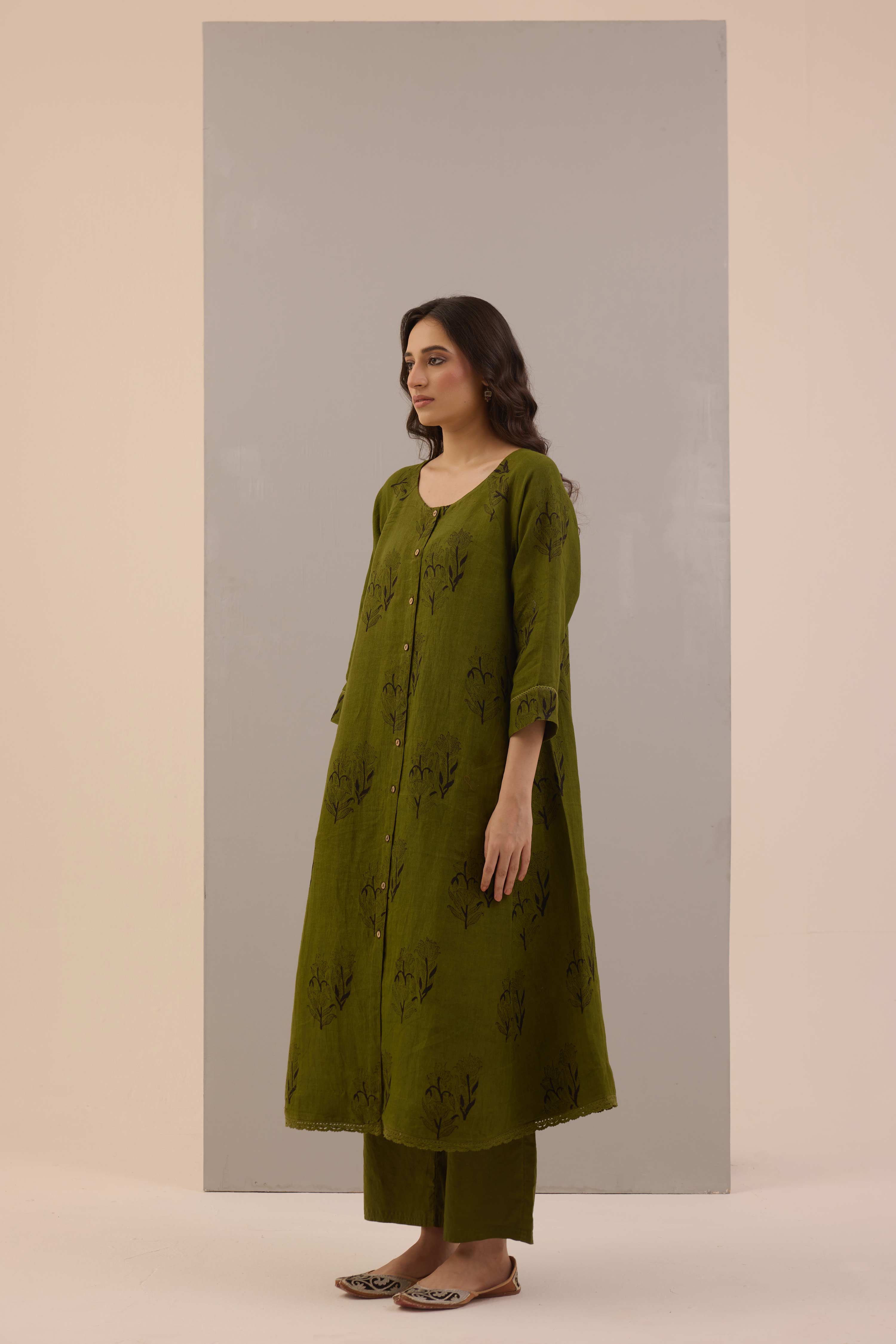 Flo Linen Hand Block Printed Co-ord Set Olive Green