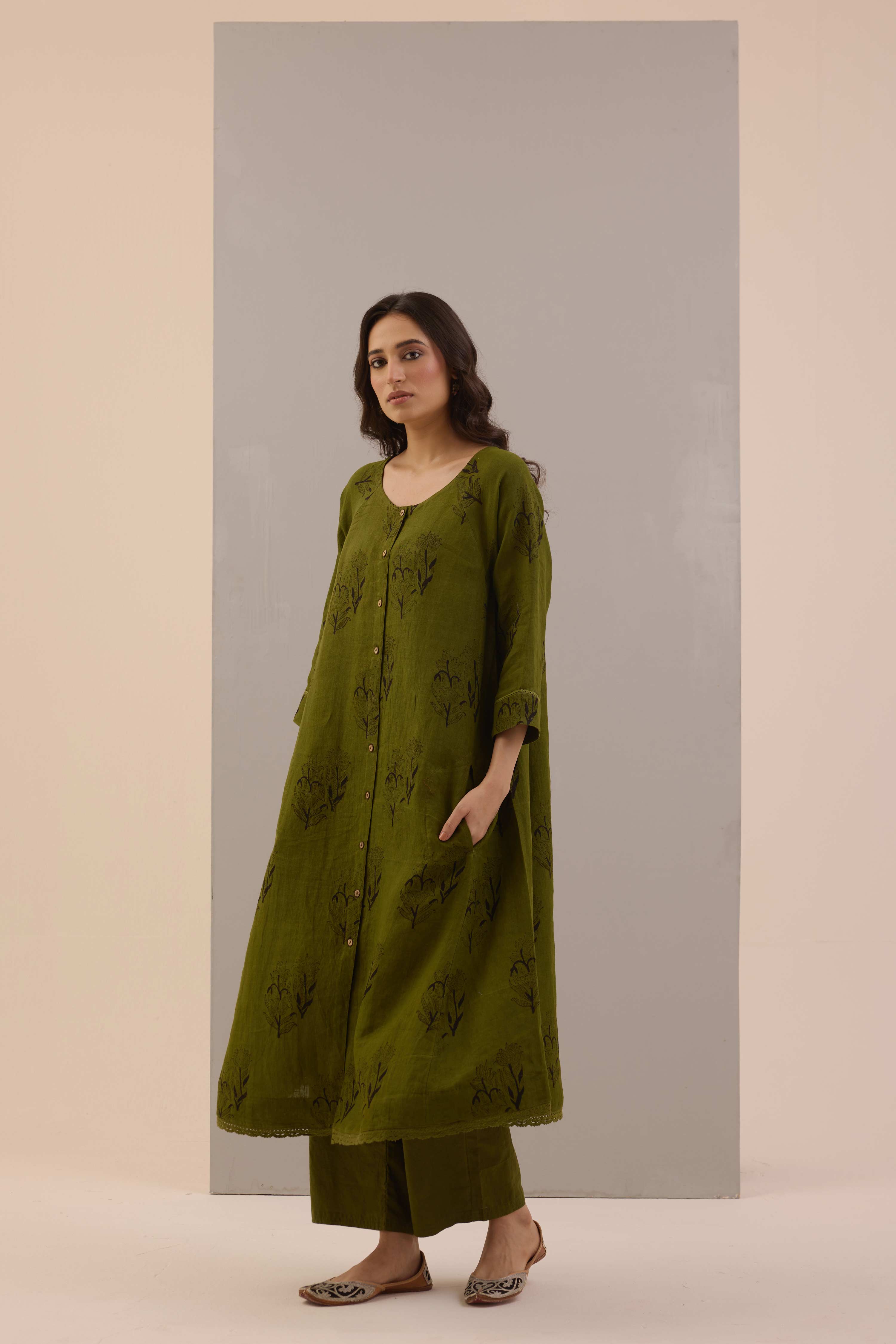Flo Linen Hand Block Printed Co-ord Set Olive Green