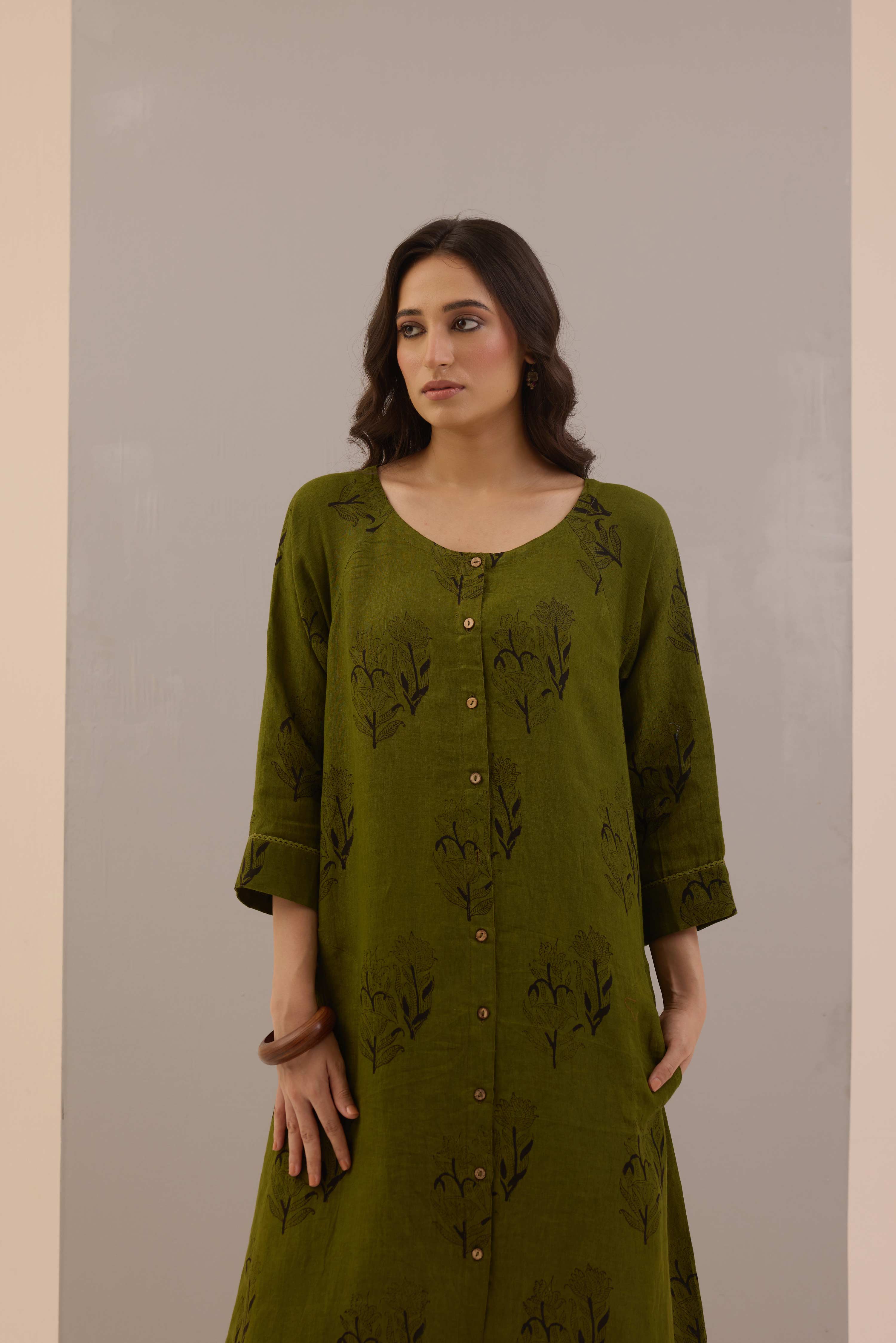 Flo Linen Hand Block Printed Co-ord Set Olive Green