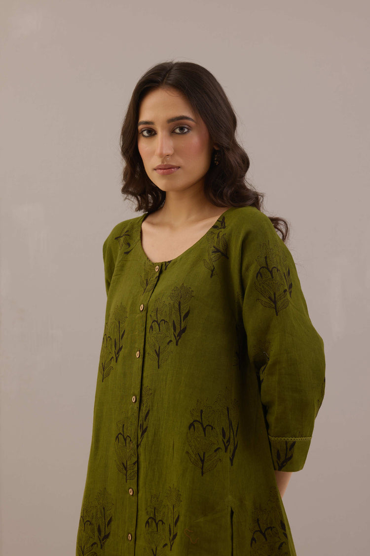Flo Linen Hand Block Printed Co-ord Set Olive Green