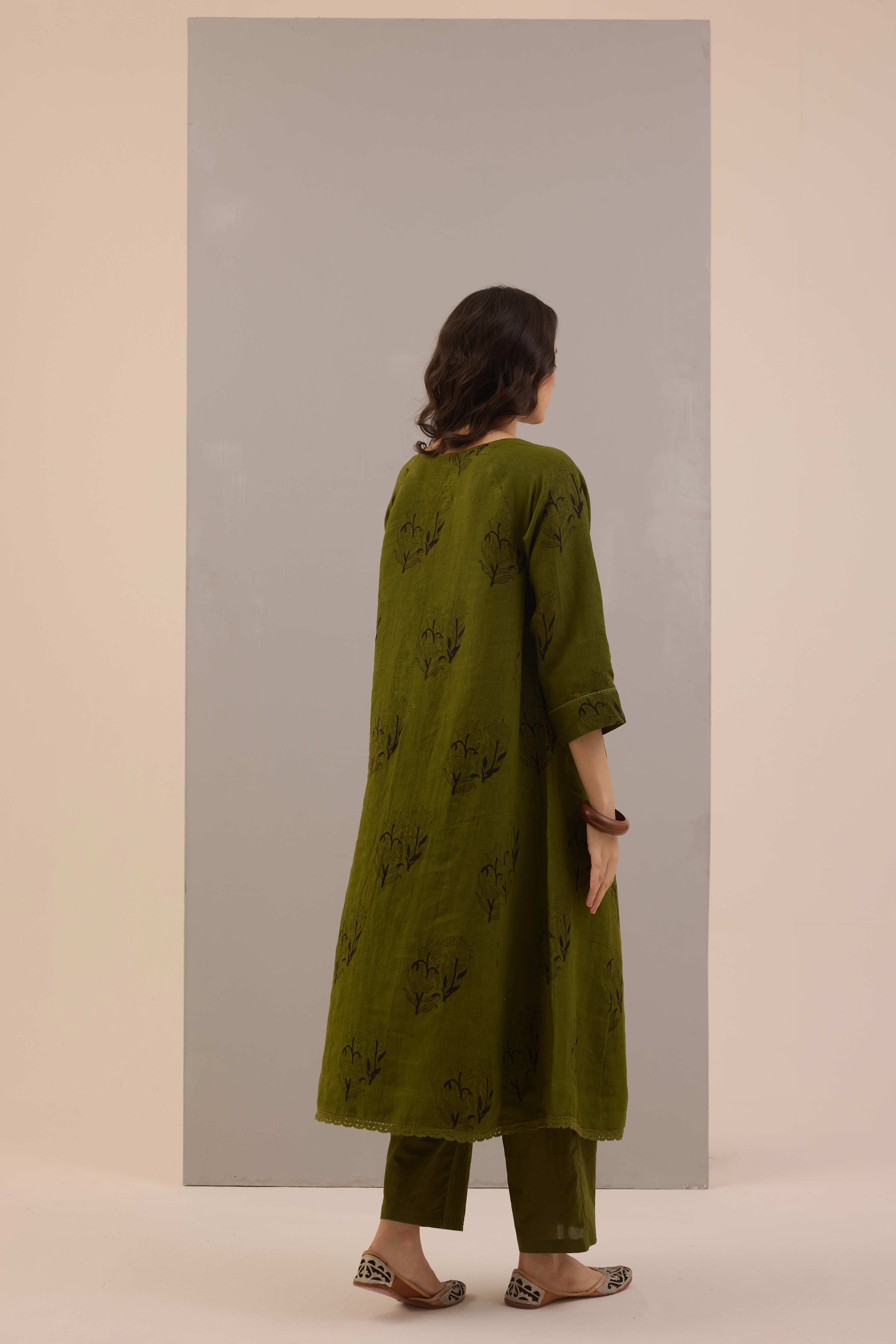 Flo Linen Hand Block Printed Co-ord Set Olive Green