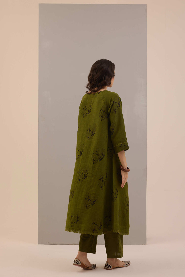 Flo Linen Hand Block Printed Co-ord Set Olive Green