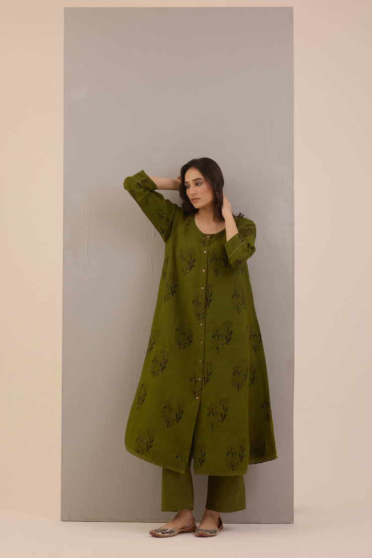 Flo Linen Hand Block Printed Co-ord Set Olive Green