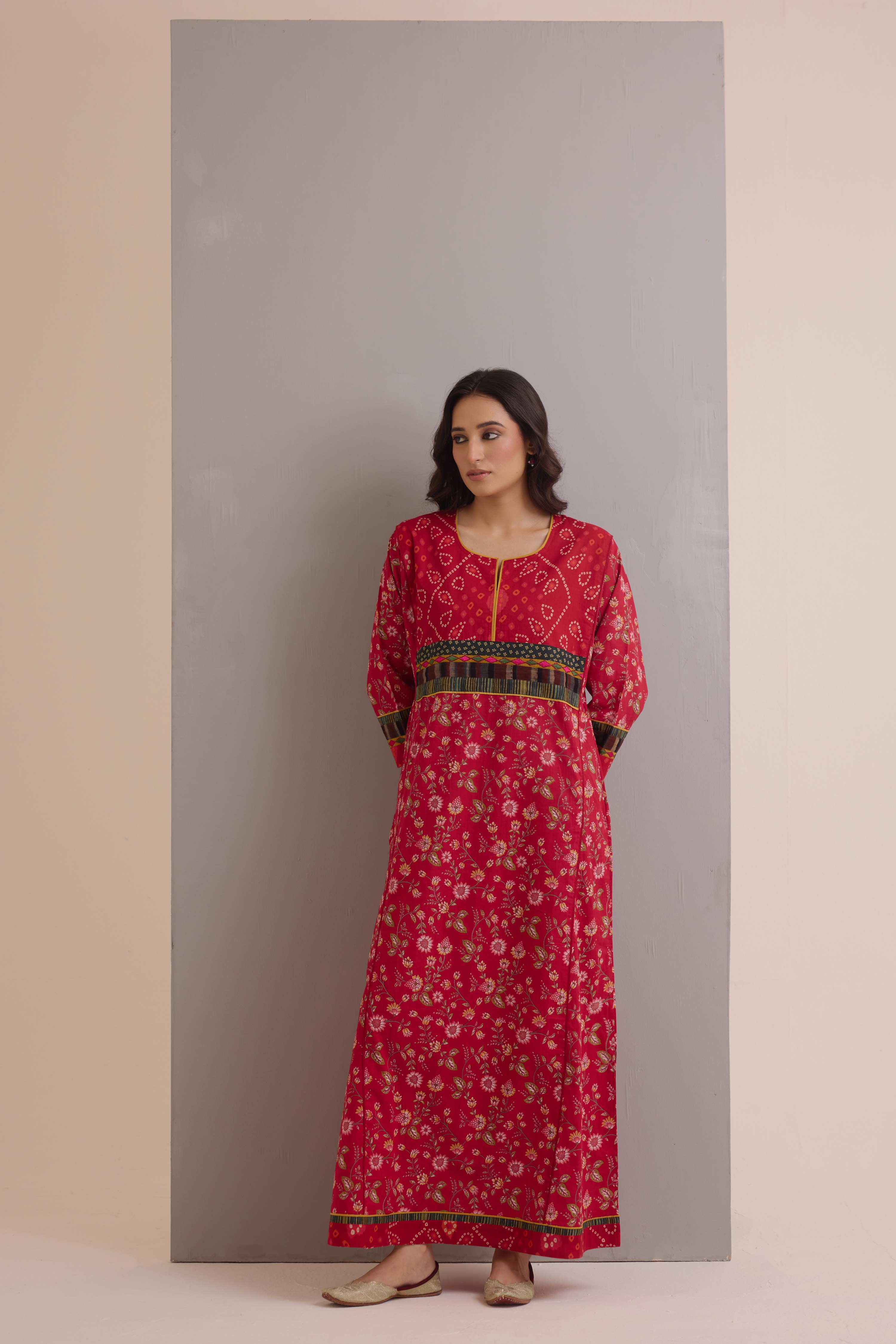 Rozana Cotton Printed Caftan Red
