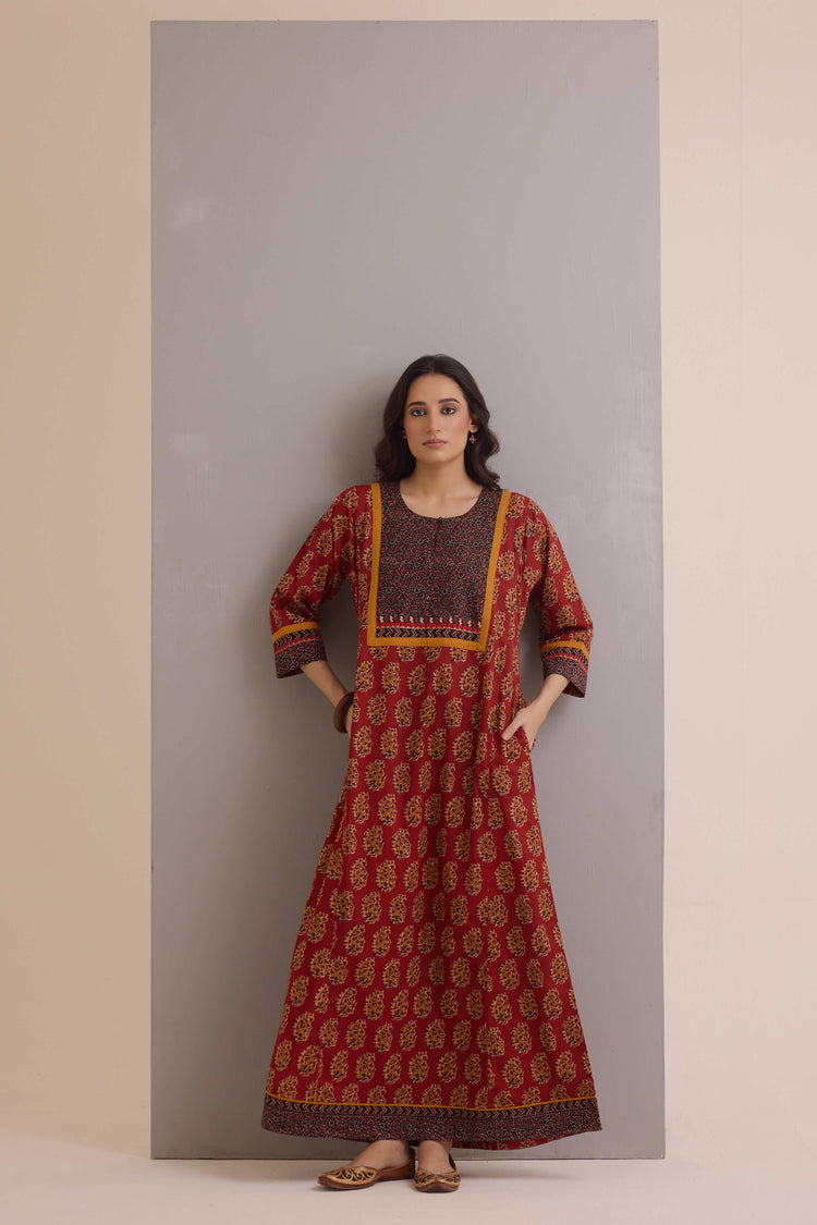Rozana Cotton Printed Caftan Rust