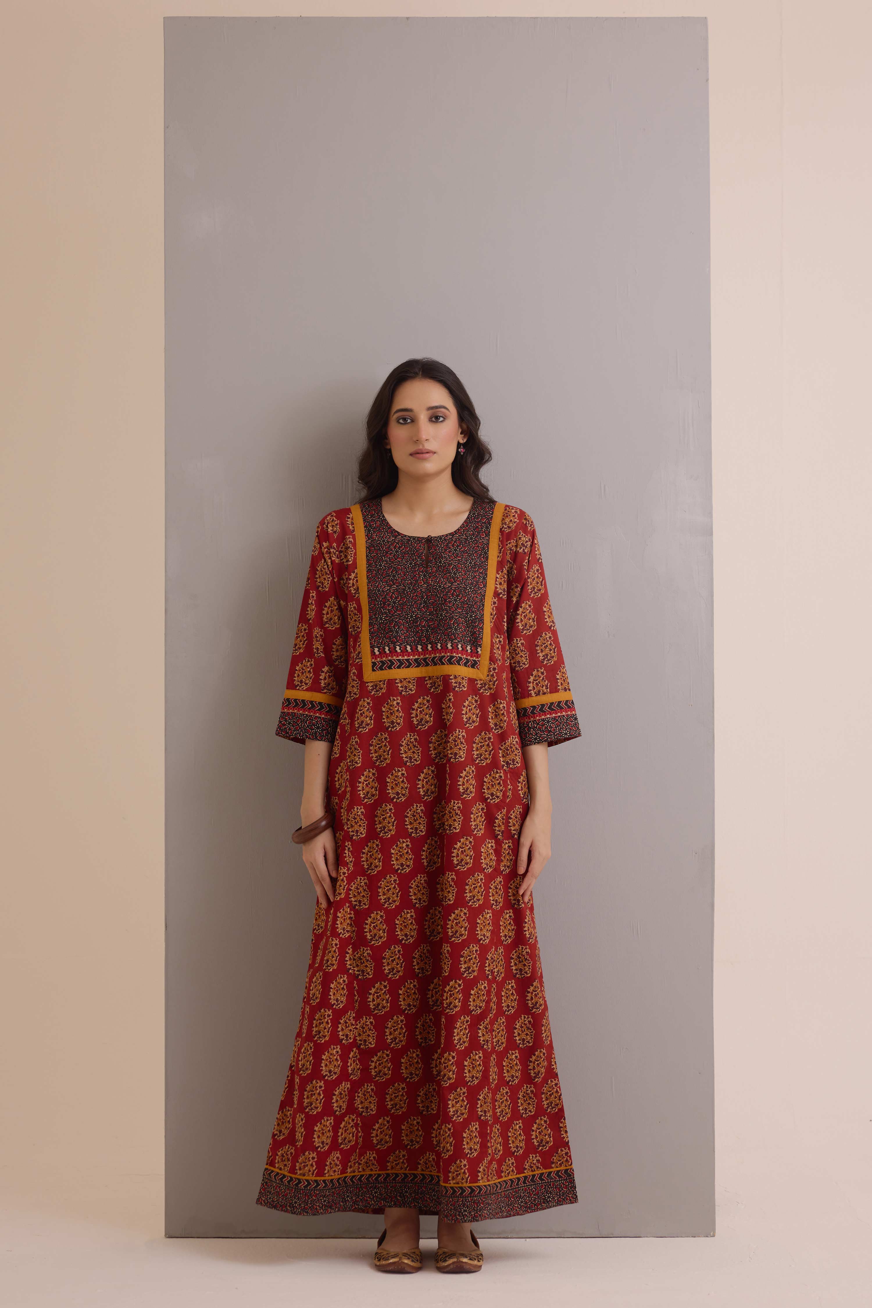 Rozana Cotton Printed Caftan Rust