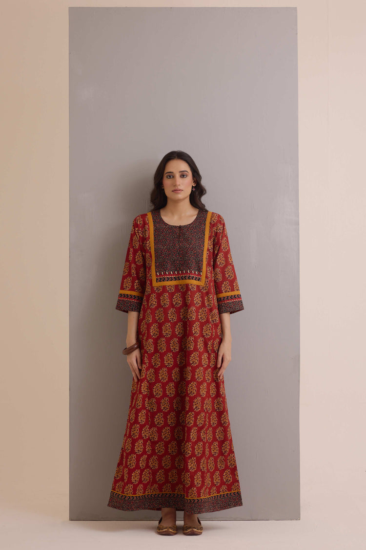 Rozana Cotton Printed Caftan Rust