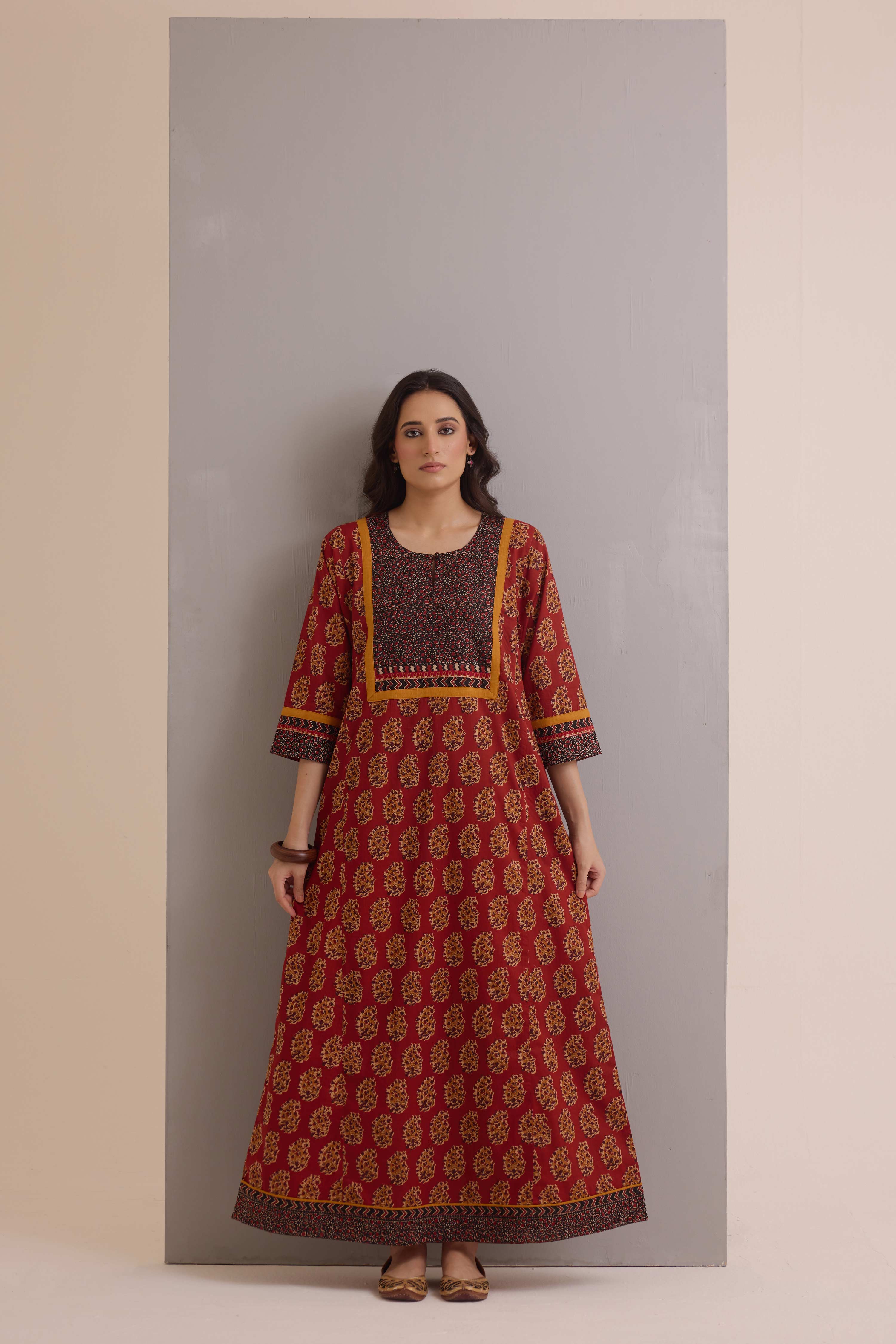 Rozana Cotton Printed Caftan Rust