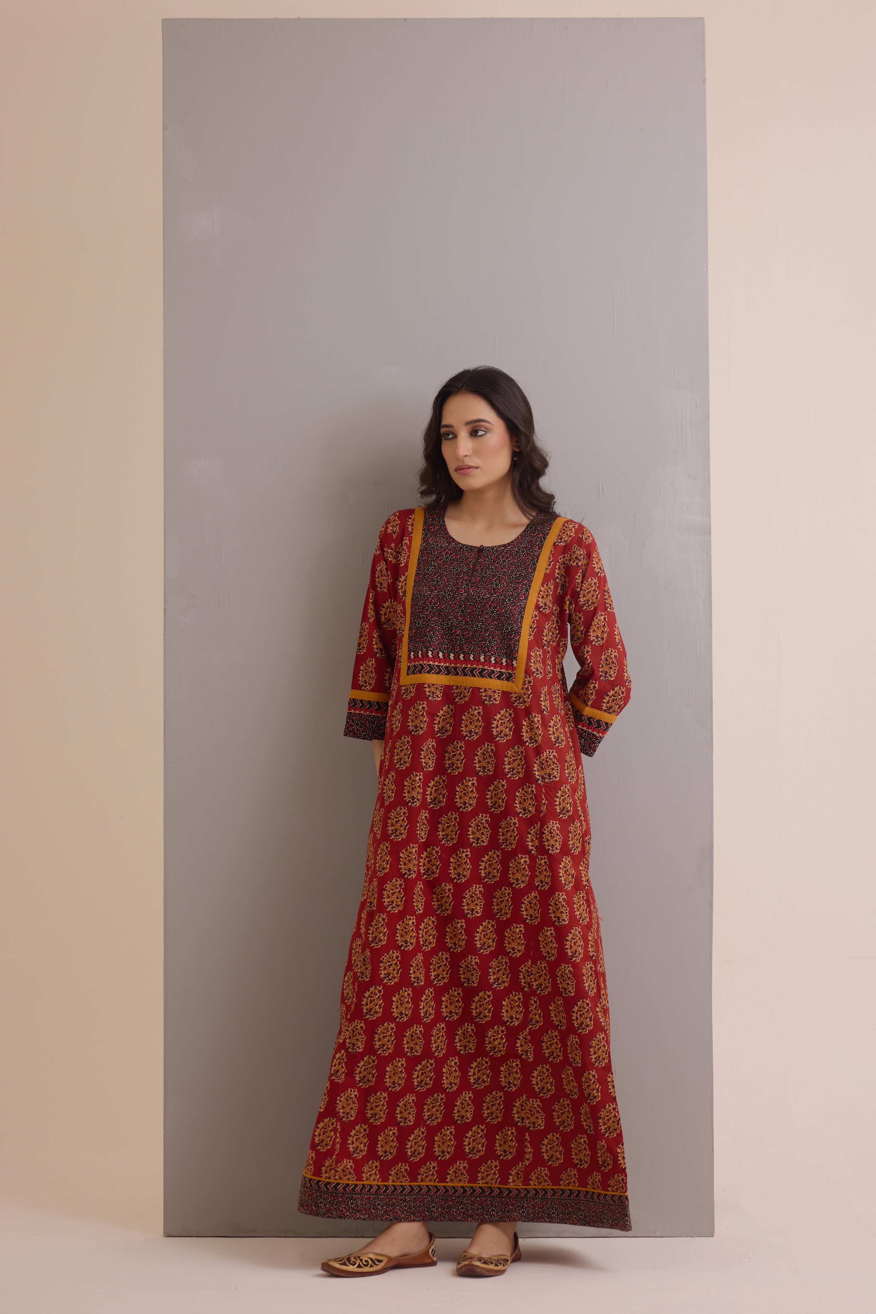 Rozana Cotton Printed Caftan Rust