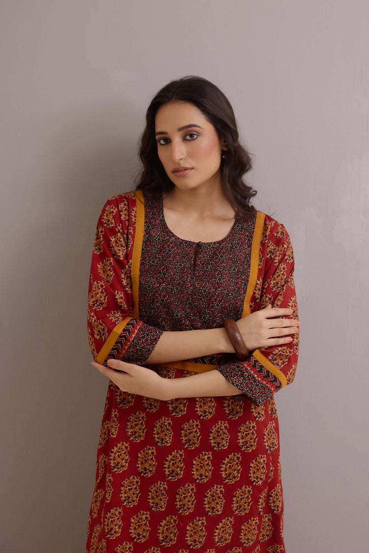 Rozana Cotton Printed Caftan Rust
