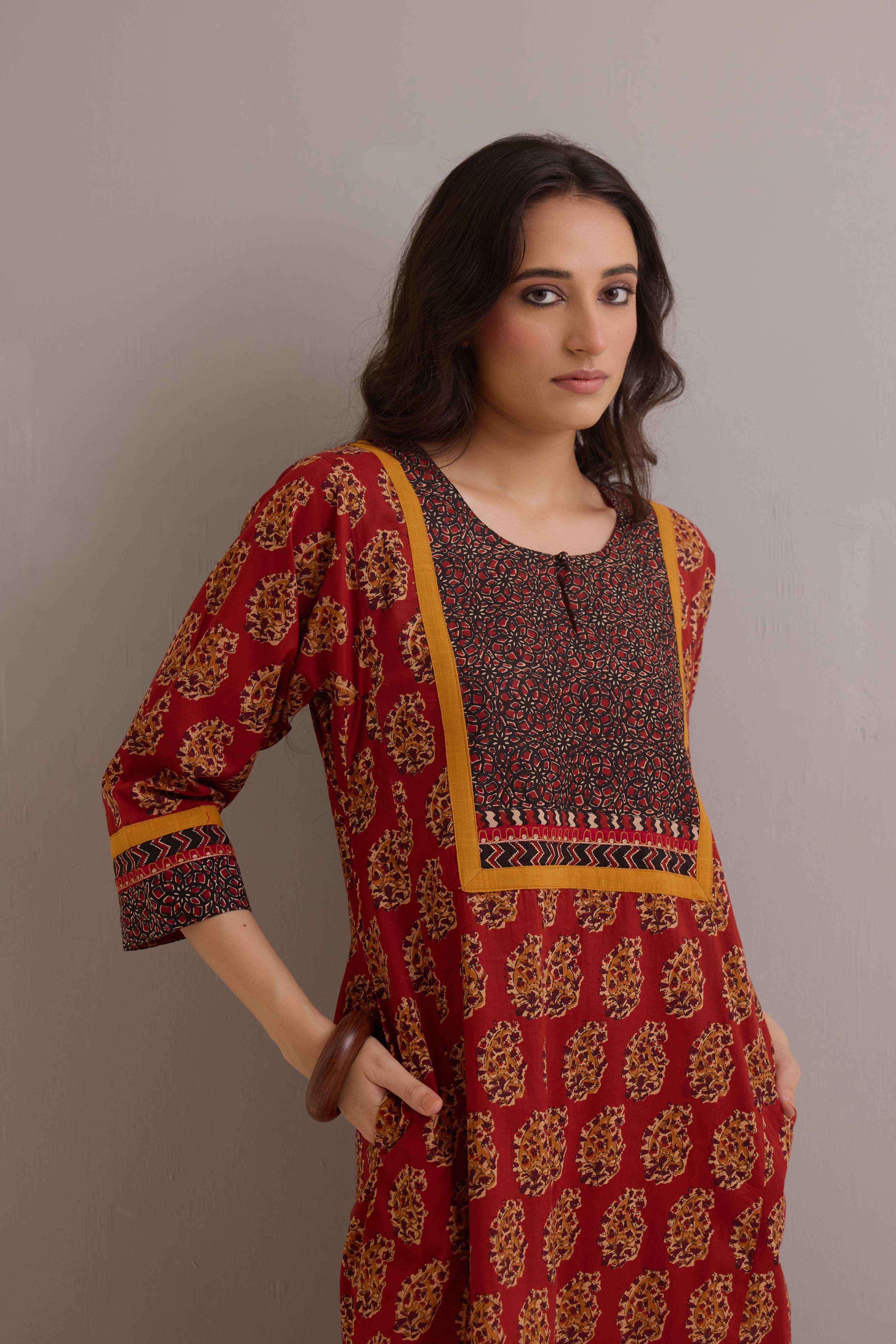 Rozana Cotton Printed Caftan Rust