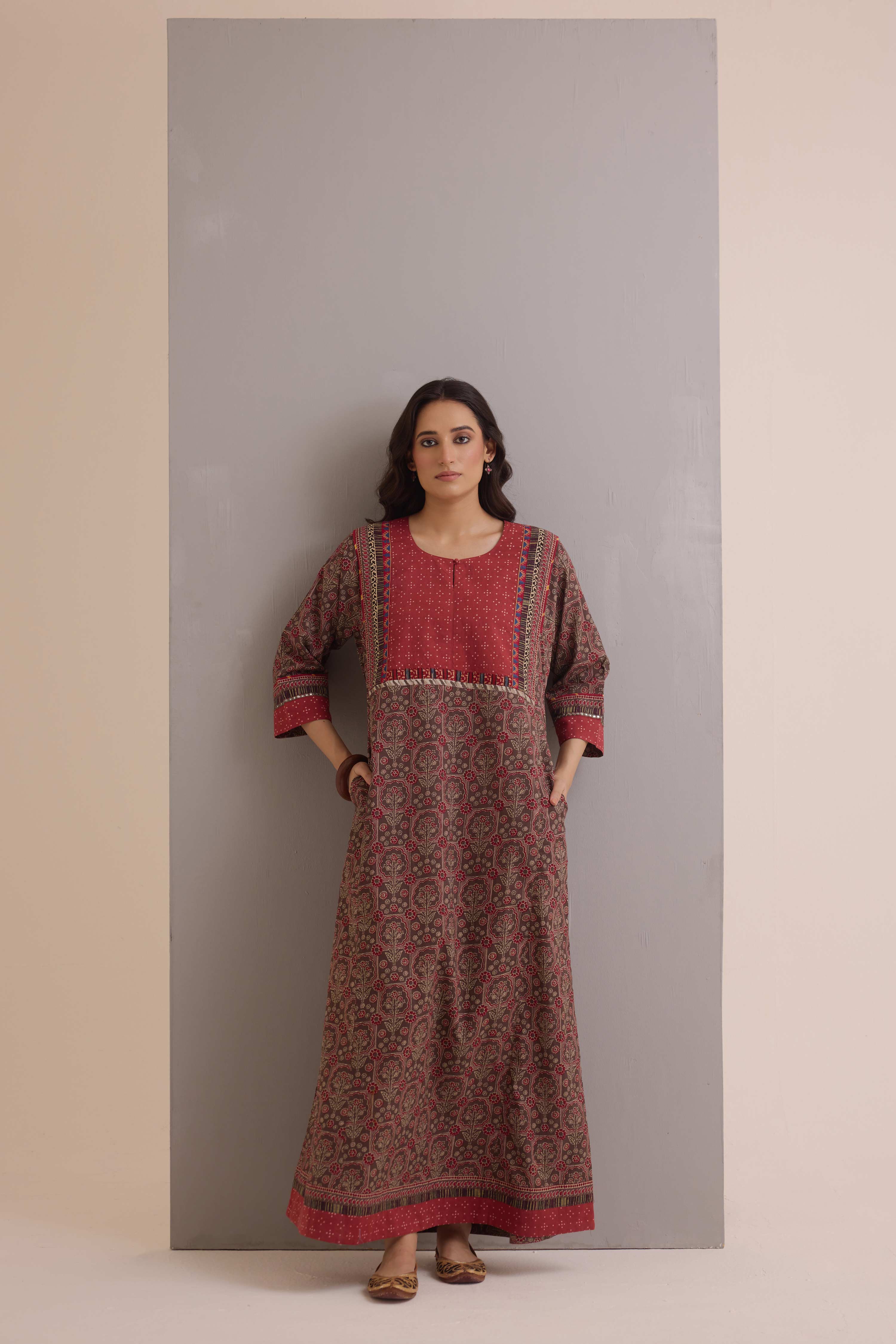 Rozana Cotton Printed Caftan Grey Maroon
