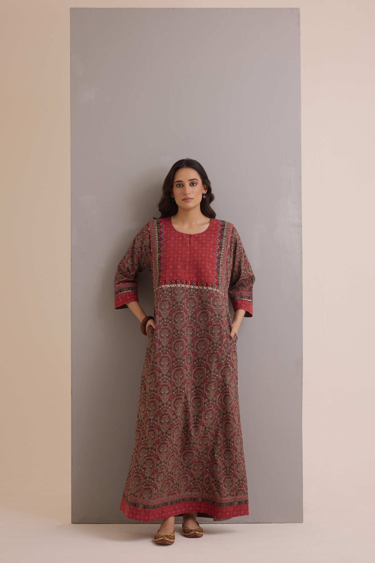 Rozana Cotton Printed Caftan Grey Maroon
