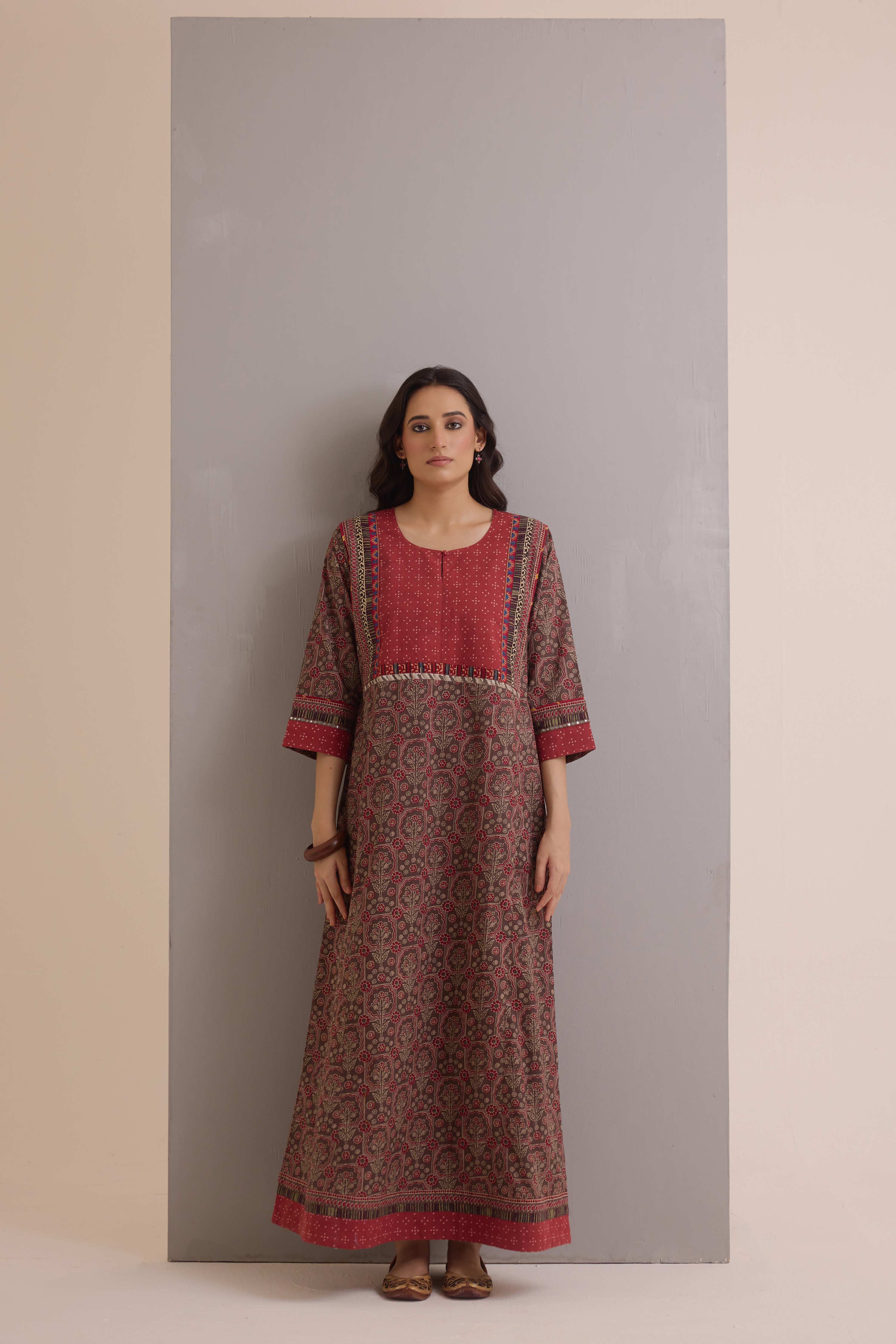 Rozana Cotton Printed Caftan Grey Maroon