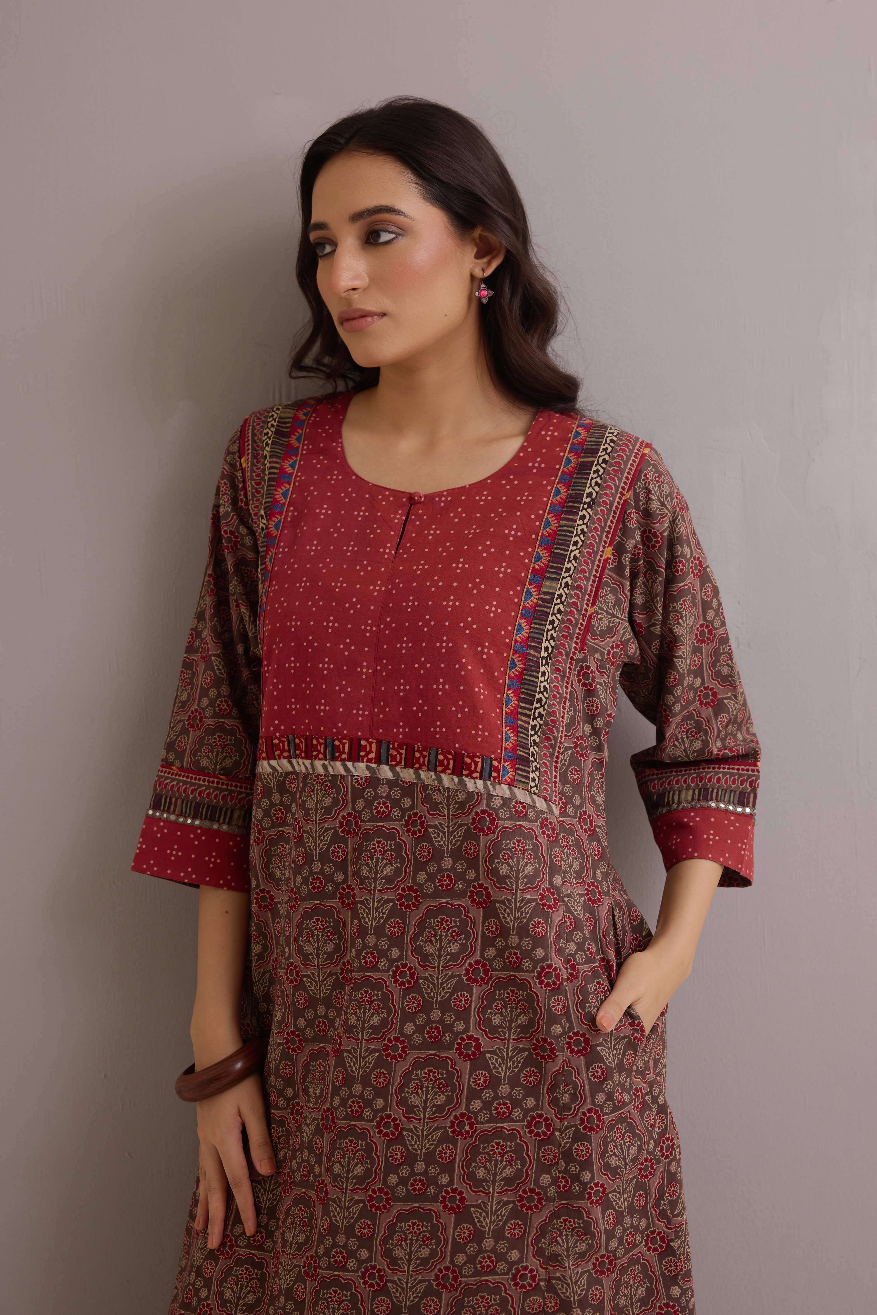 Rozana Cotton Printed Caftan Grey Maroon