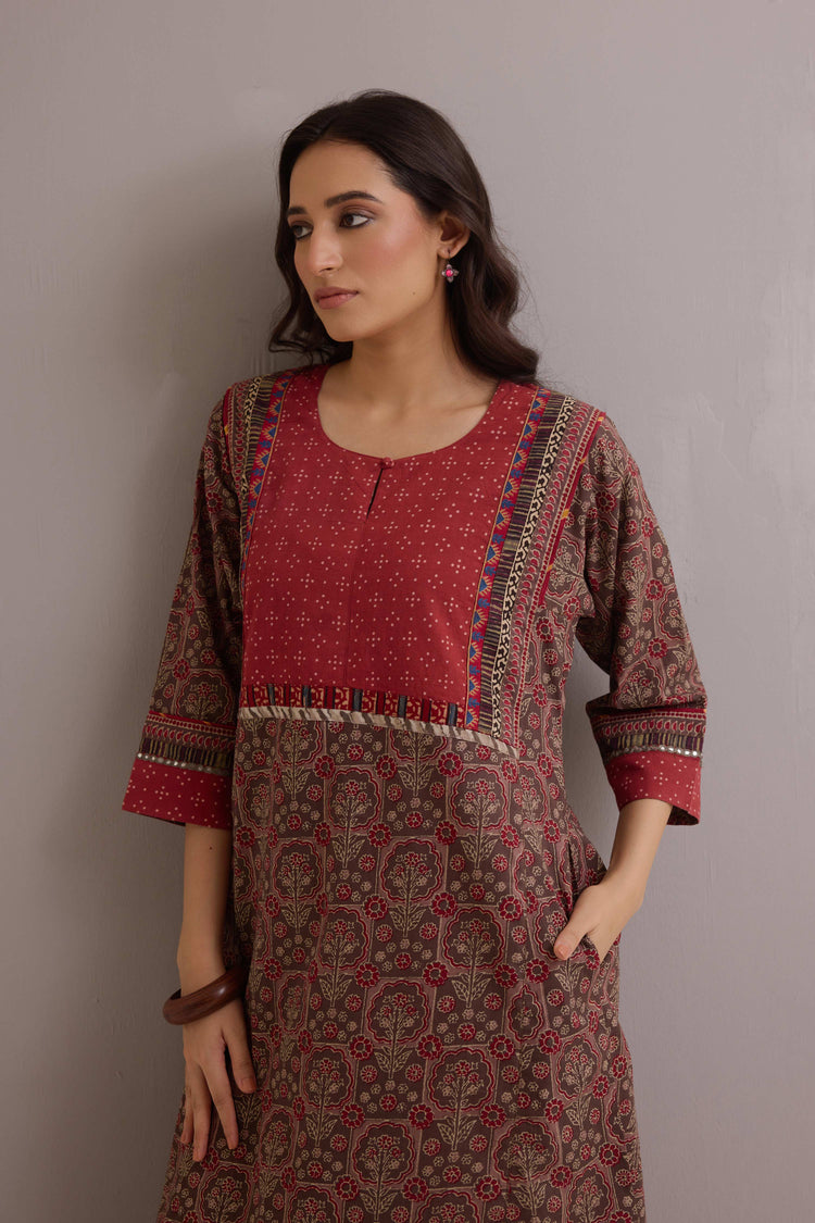Rozana Cotton Printed Caftan Grey Maroon