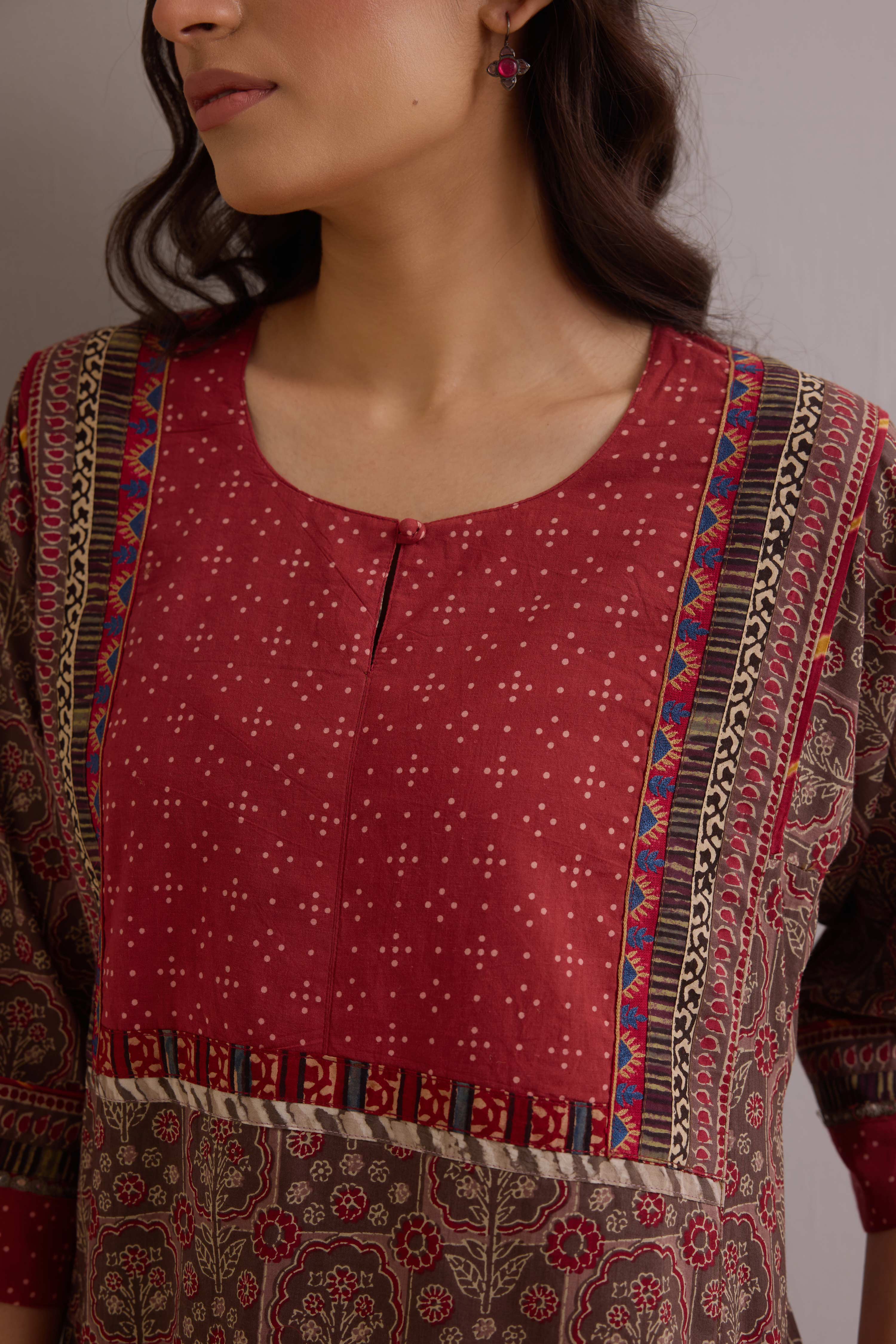 Rozana Cotton Printed Caftan Grey Maroon