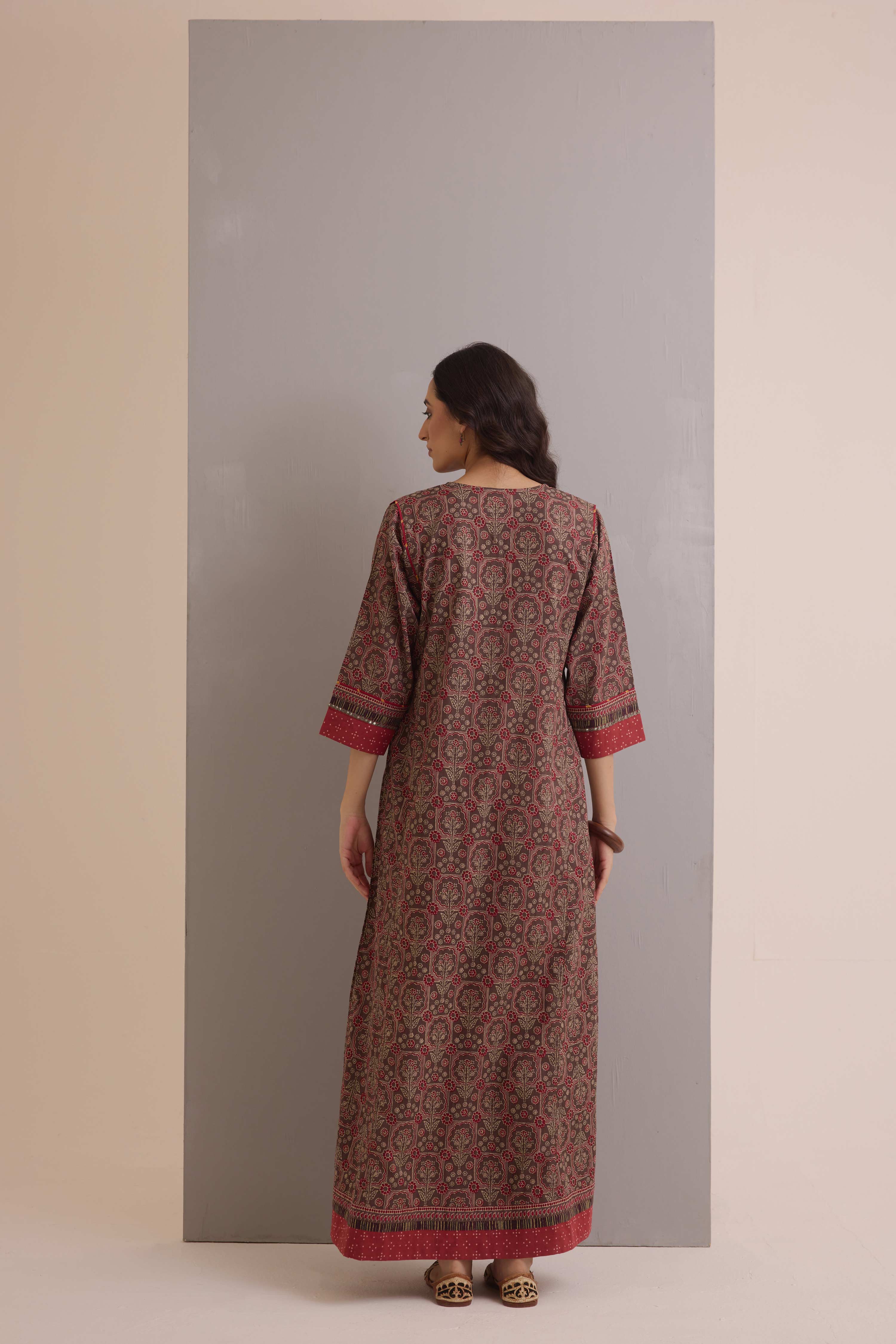 Rozana Cotton Printed Caftan Grey Maroon