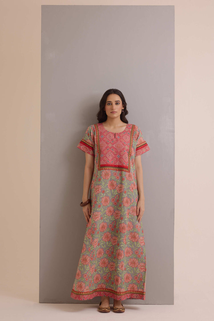 Rozana Cotton Slub Printed Caftan Grey Peach