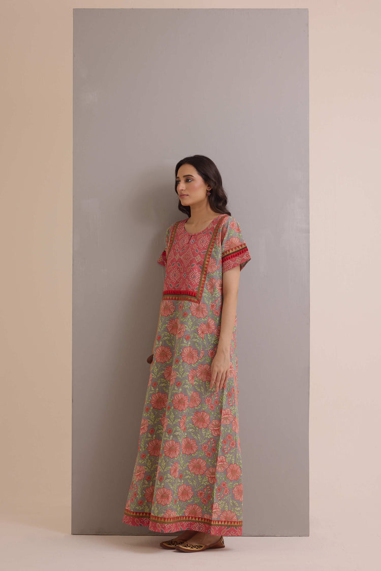 Rozana Cotton Slub Printed Caftan Grey Peach