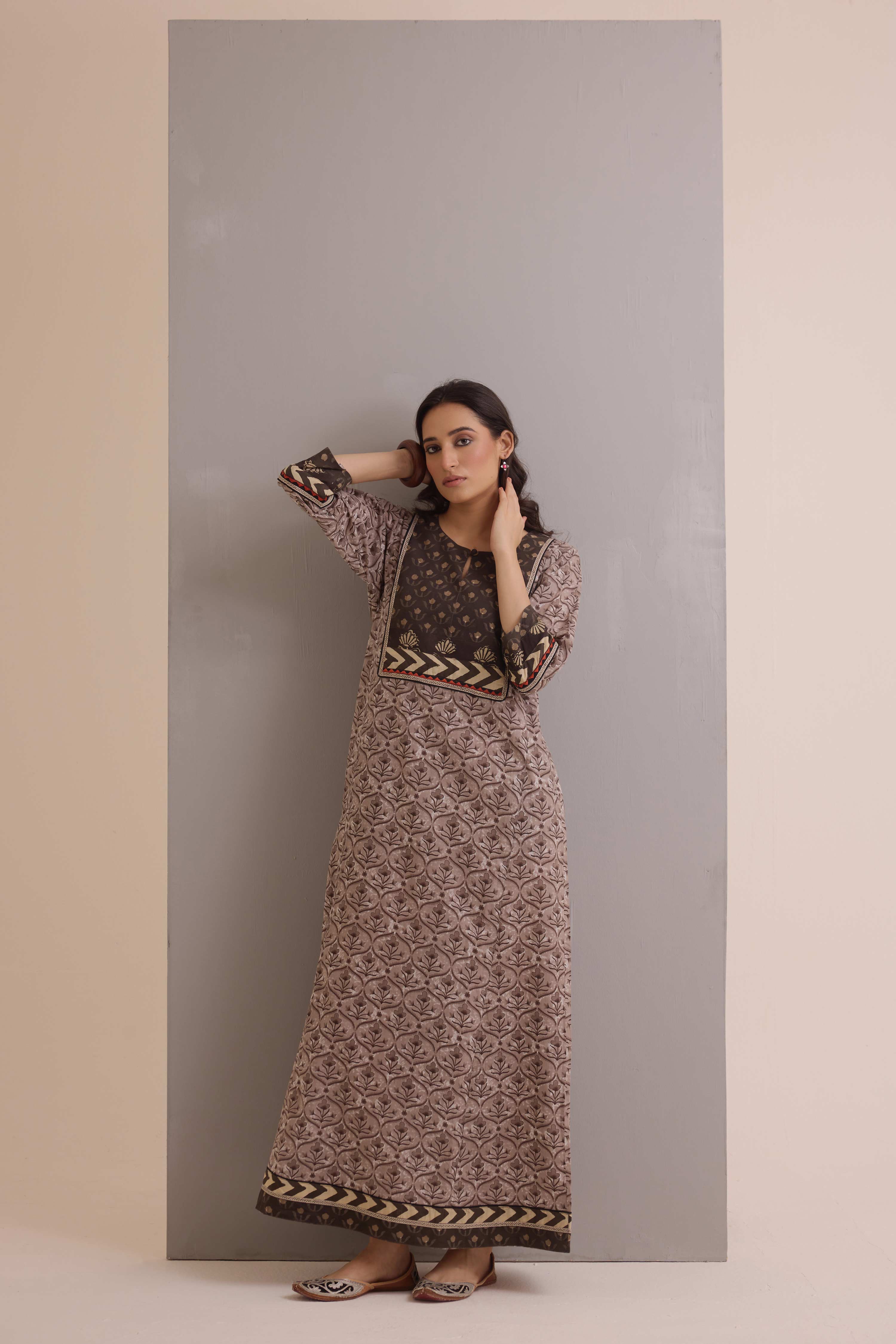 Rozana Cotton Printed Caftan Grey
