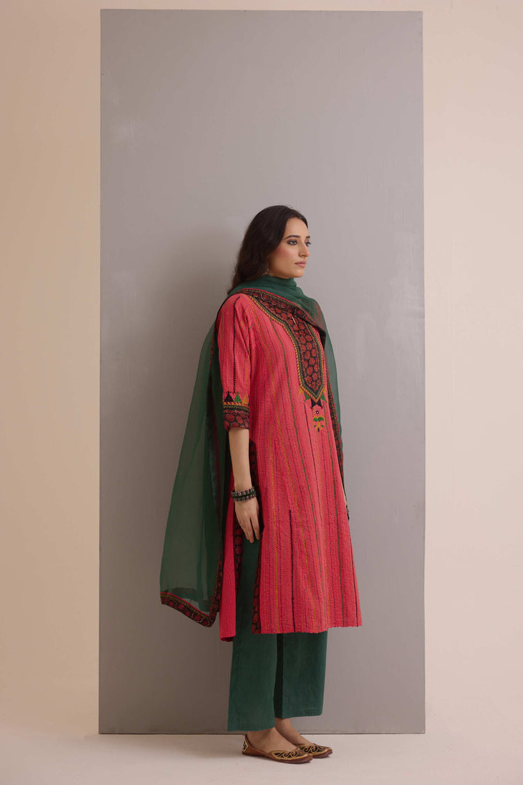 Rozana Embroidered Cotton Ensemble Red (Set of 3)