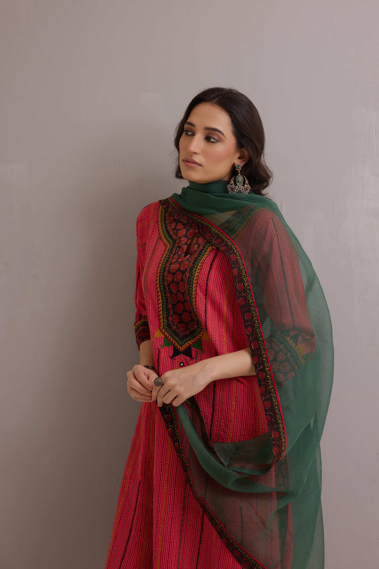 Rozana Embroidered Cotton Ensemble Red (Set of 3)