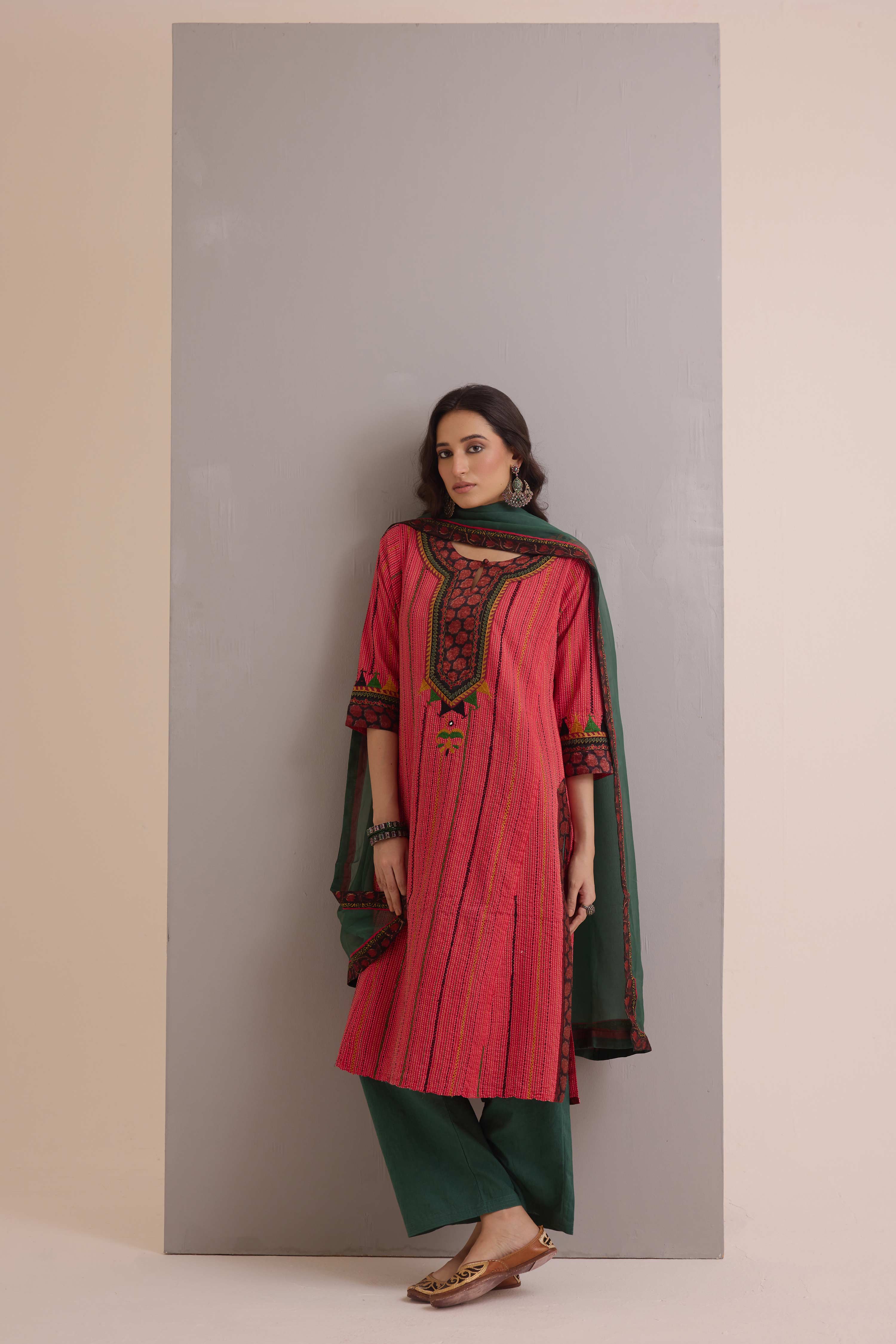 Rozana Embroidered Cotton Ensemble Red (Set of 3)