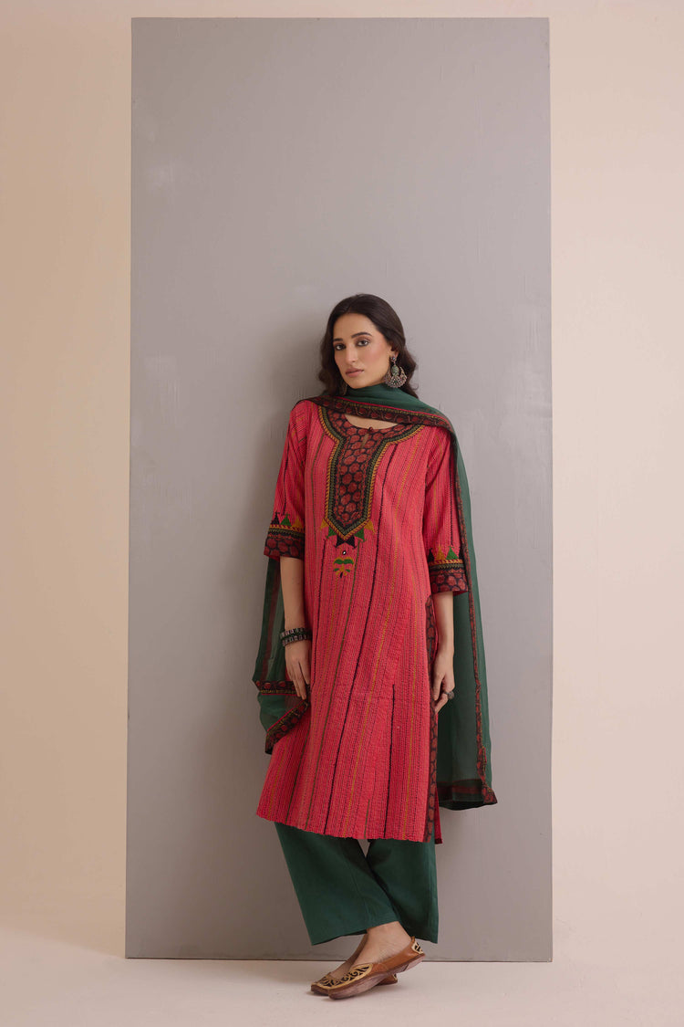 Rozana Embroidered Cotton Ensemble Red (Set of 3)