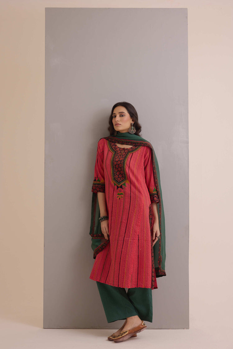 Rozana Embroidered Cotton Ensemble Red (Set of 3)