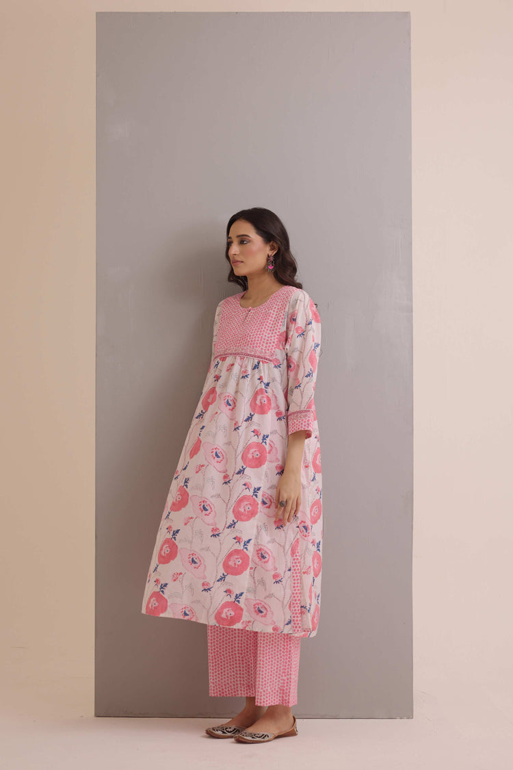 Straight Cotton Hand Block Printed Pant Cream Pink